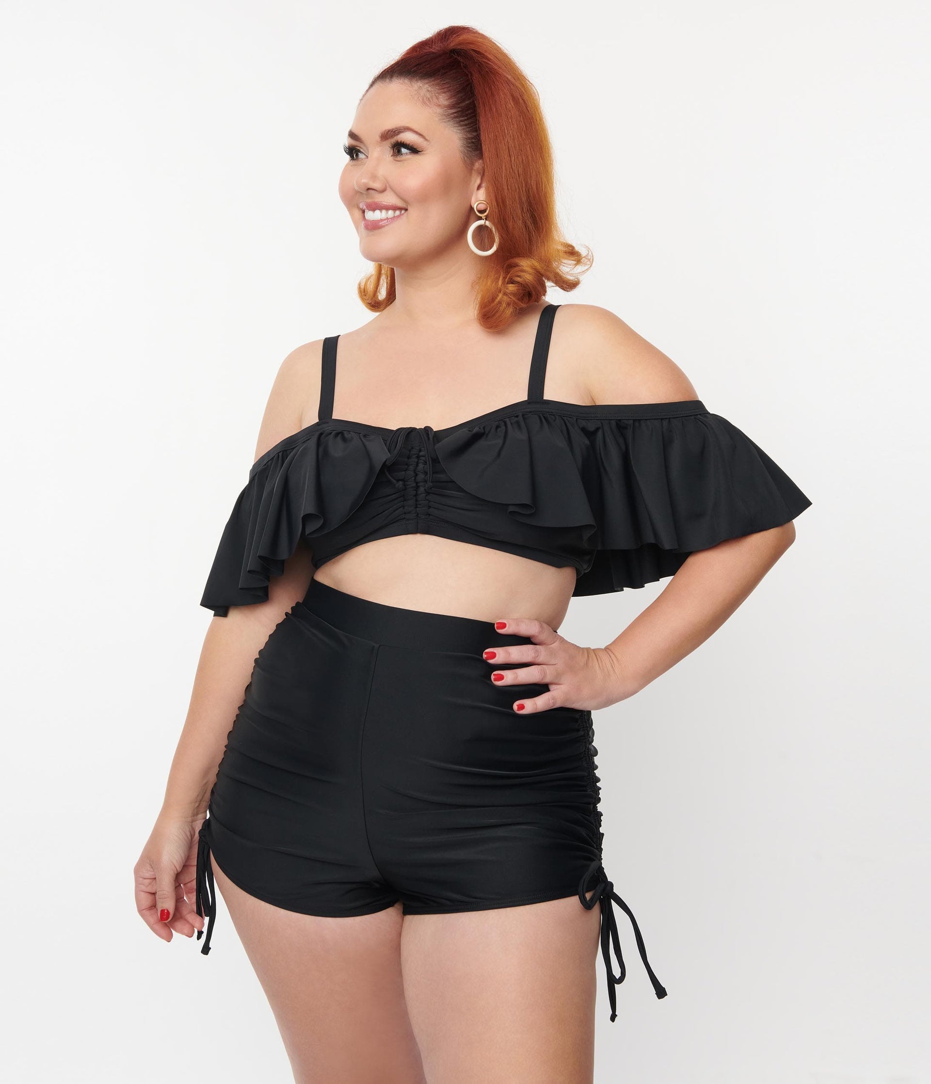 Unique Vintage Plus Size Black Ruffled Swim Top - Unique Vintage - Womens, SWIM, TOP