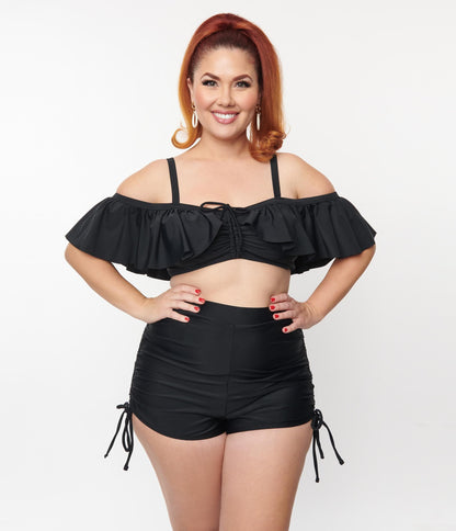 Unique Vintage Plus Size Black Ruffled Swim Top - Unique Vintage - Womens, SWIM, TOP