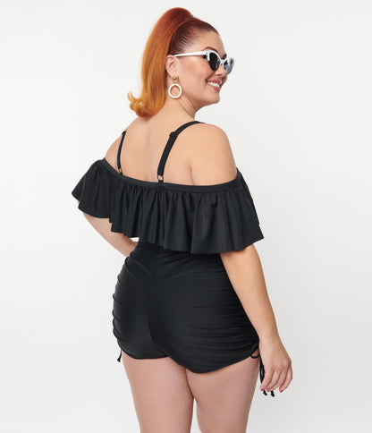 Unique Vintage Plus Size Black Ruffled Swim Top - Unique Vintage - Womens, SWIM, TOP