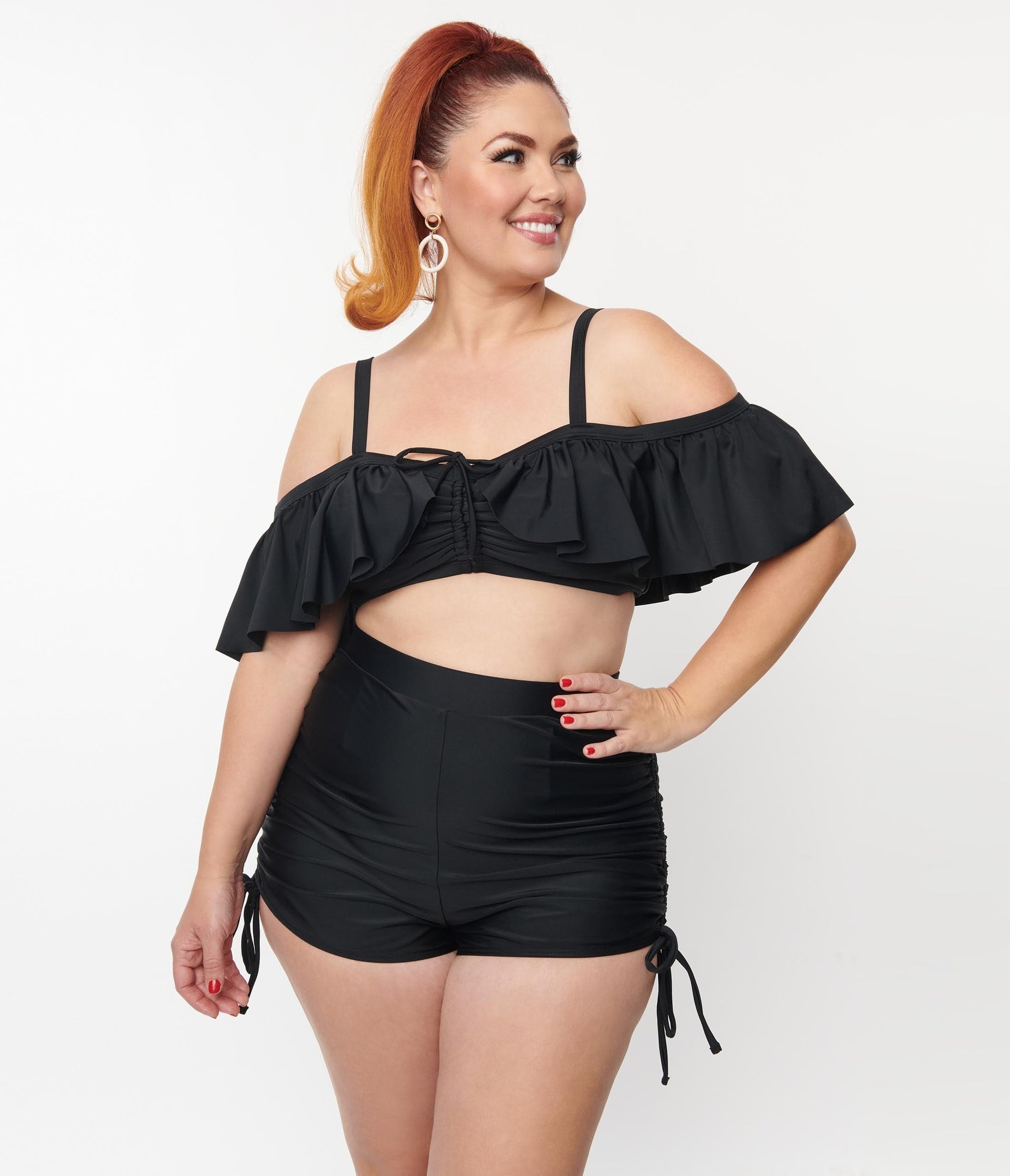 Unique Vintage Plus Size Black Ruffled Swim Top - Unique Vintage - Womens, SWIM, TOP