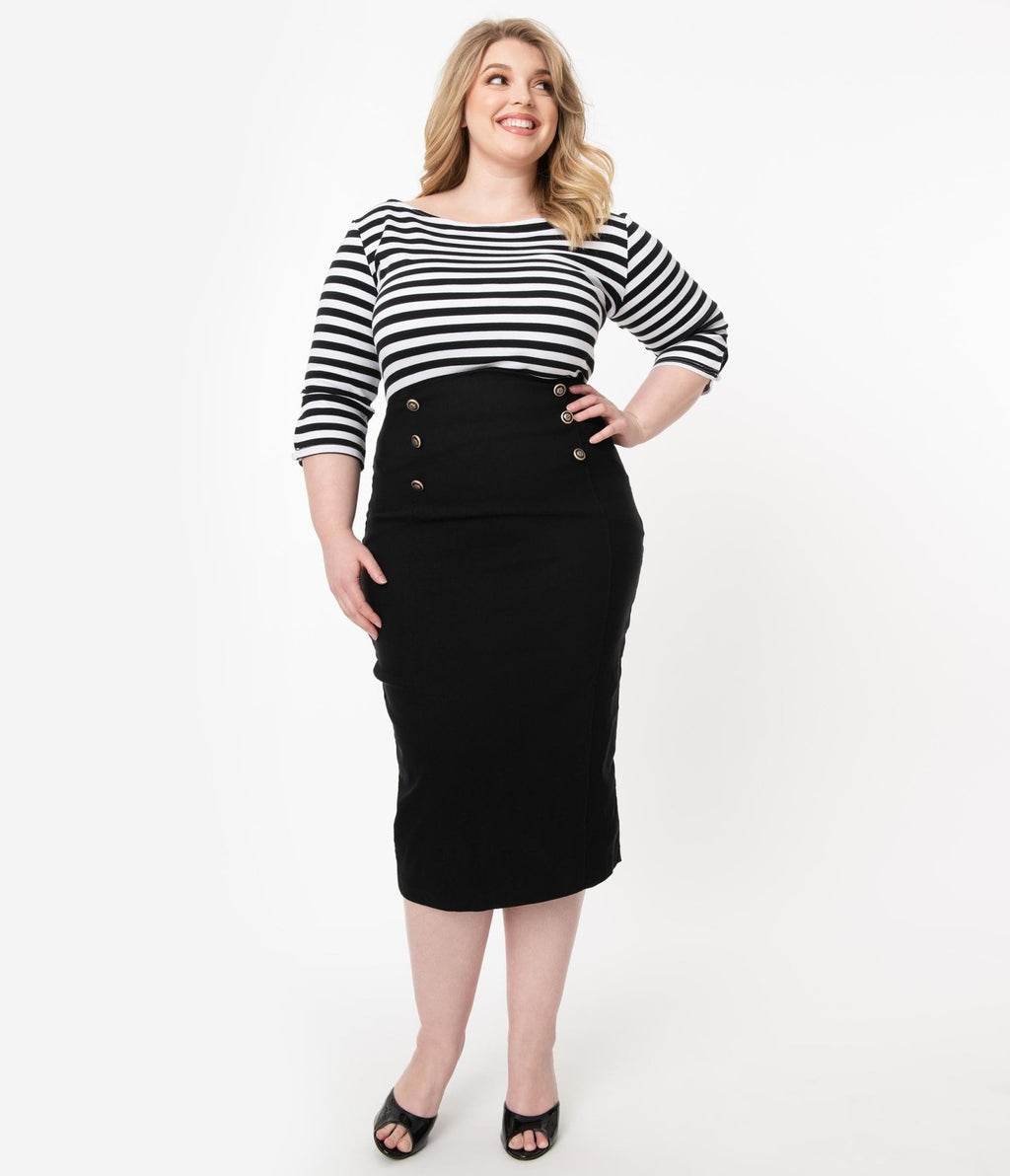 Unique Vintage Plus Size Black Sailor High Waist Sierra Pencil Skirt - Unique Vintage - Womens, BOTTOMS, SKIRTS