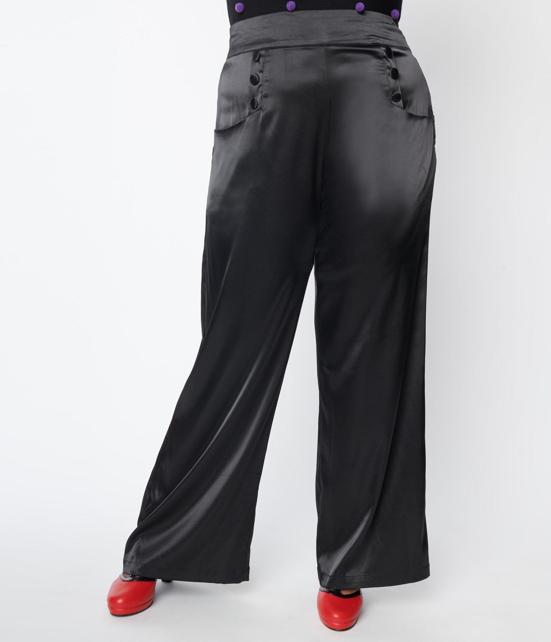 Unique Vintage Plus Size Black Satin High Waist Ginger Pants - Unique Vintage - Womens, BOTTOMS, PANTS