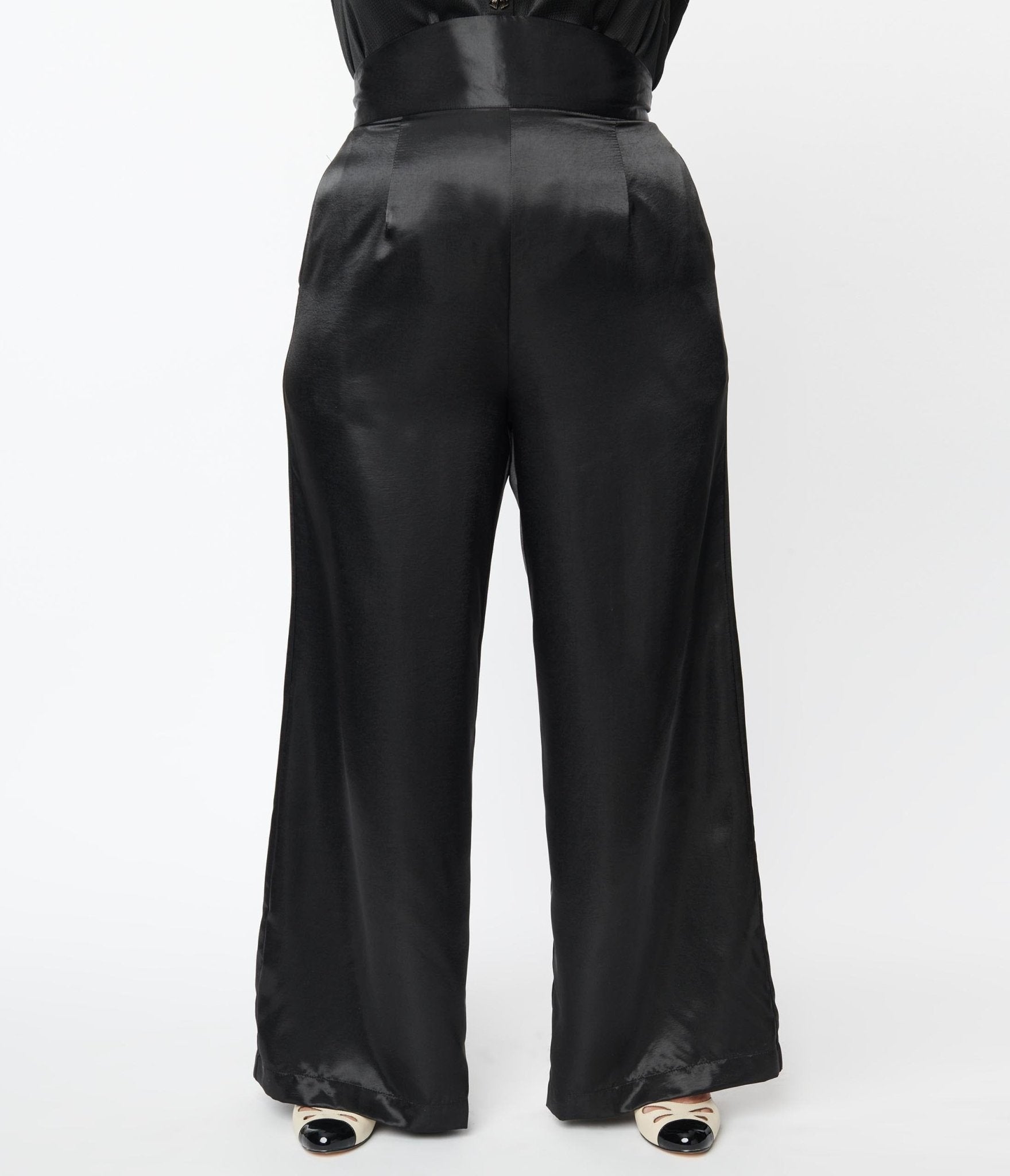 Unique Vintage Plus Size Black Satin High Waist Pants - Unique Vintage - Womens, BOTTOMS, PANTS
