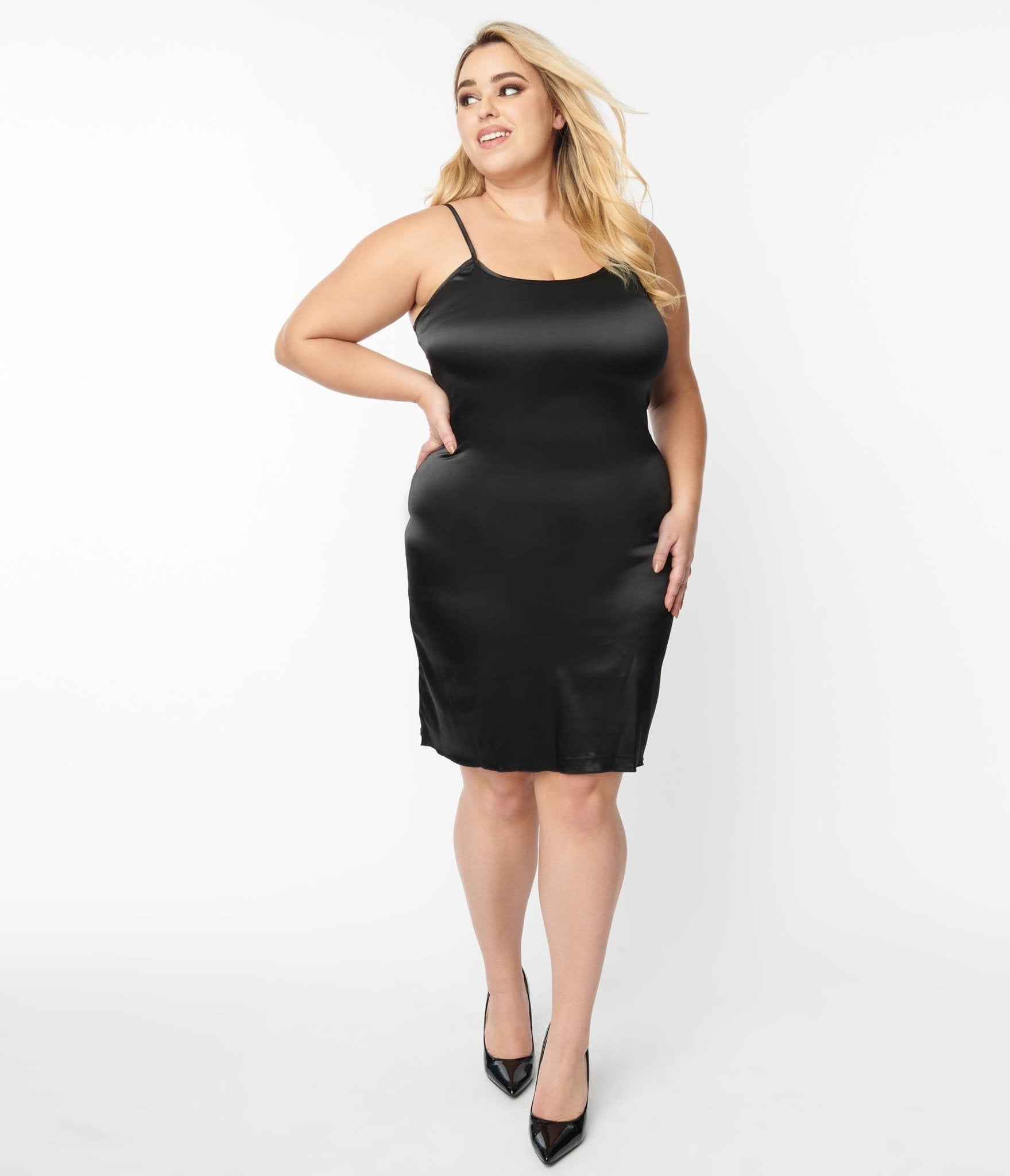 Unique Vintage Plus Size Black Satin Long Slip - Unique Vintage - Womens, ACCESSORIES, SLIPS