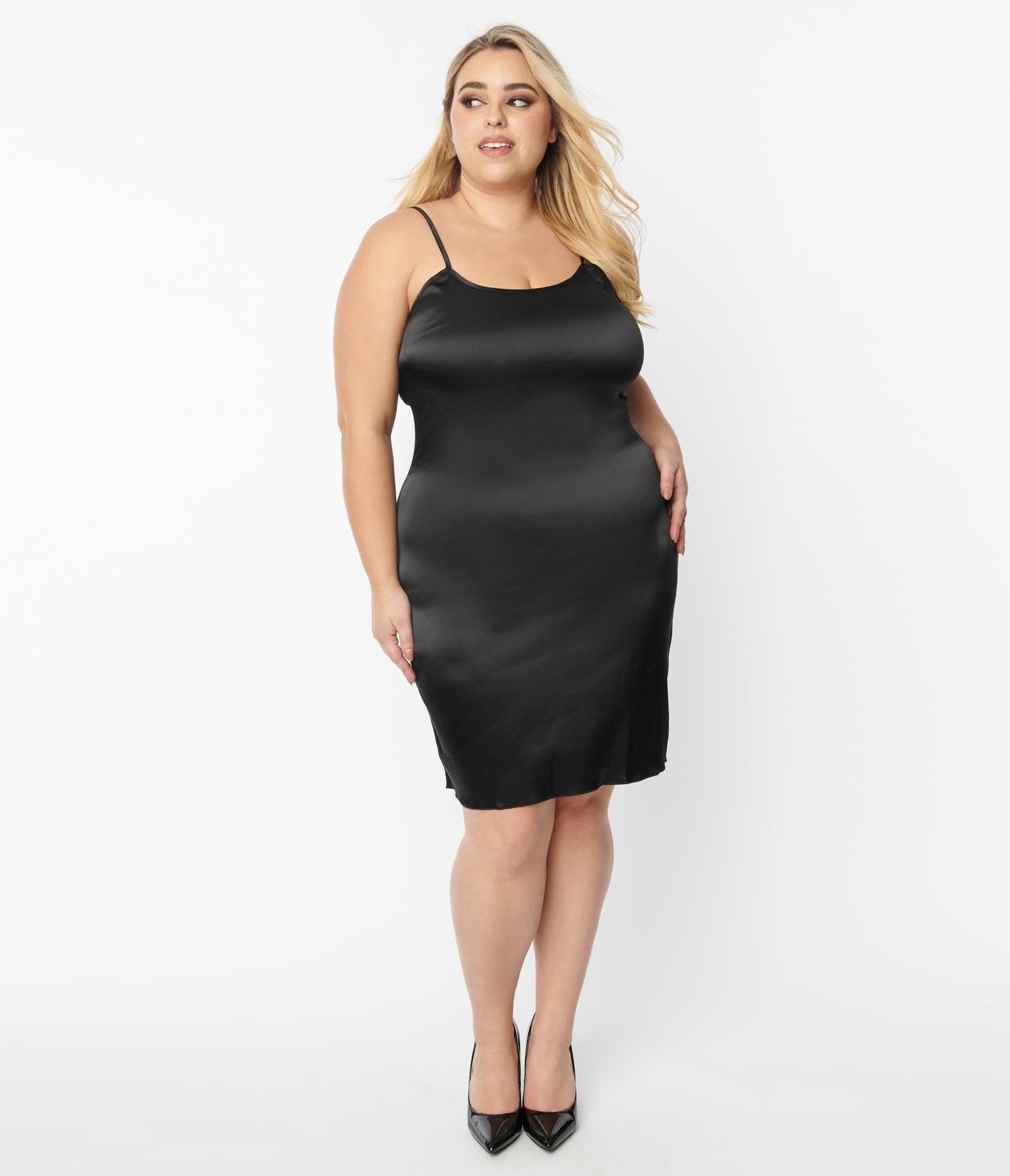 Unique Vintage Plus Size Black Satin Long Slip - Unique Vintage - Womens, ACCESSORIES, SLIPS