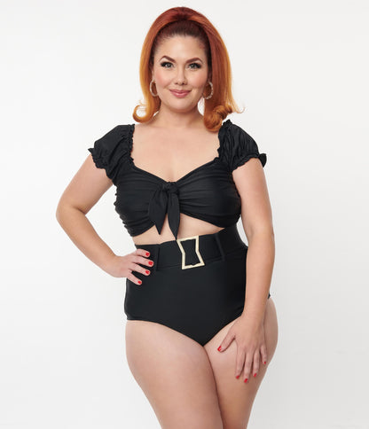 Unique Vintage Plus Size Black Shirred Bow Bandeau Swim Top - Unique Vintage - Womens, SWIM, TOP