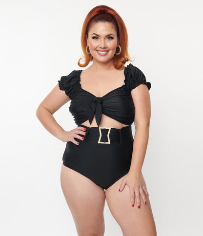 Unique Vintage Plus Size Black Shirred Bow Bandeau Swim Top - Unique Vintage - Womens, SWIM, TOP