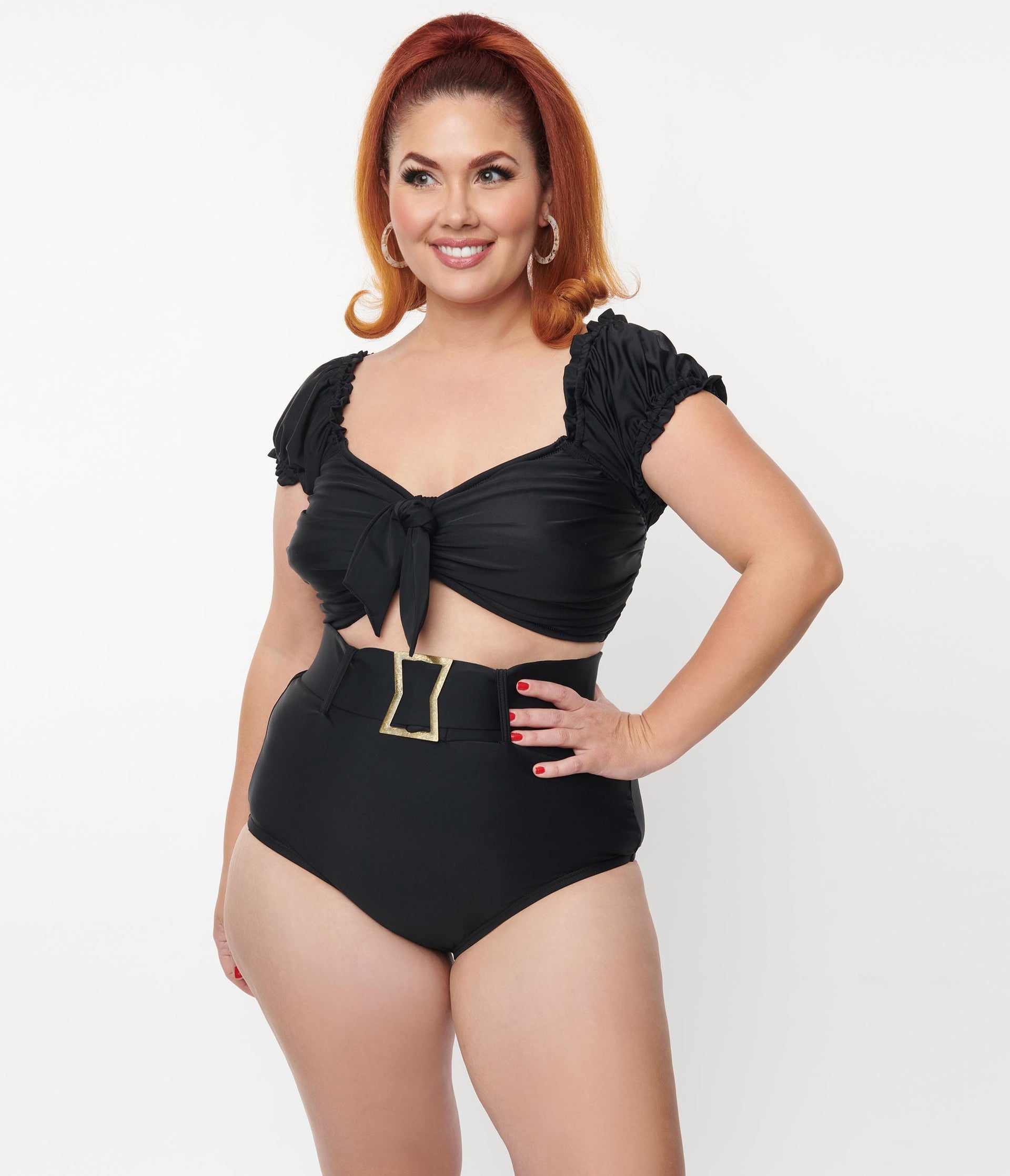 Unique Vintage Plus Size Black Shirred Bow Bandeau Swim Top - Unique Vintage - Womens, SWIM, TOP