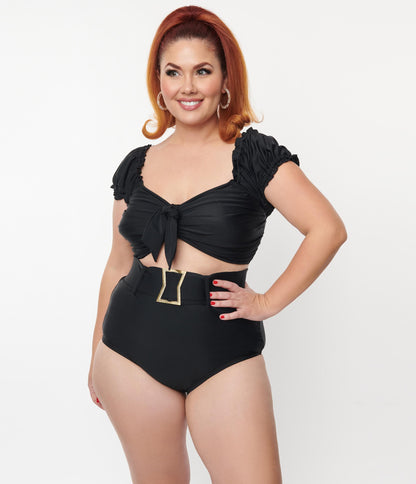 Unique Vintage Plus Size Black Shirred Bow Bandeau Swim Top - Unique Vintage - Womens, SWIM, TOP