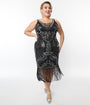 Unique Vintage Plus Size 1920s Black & Silver Sequin Sleeveless Fringe Flapper Dress