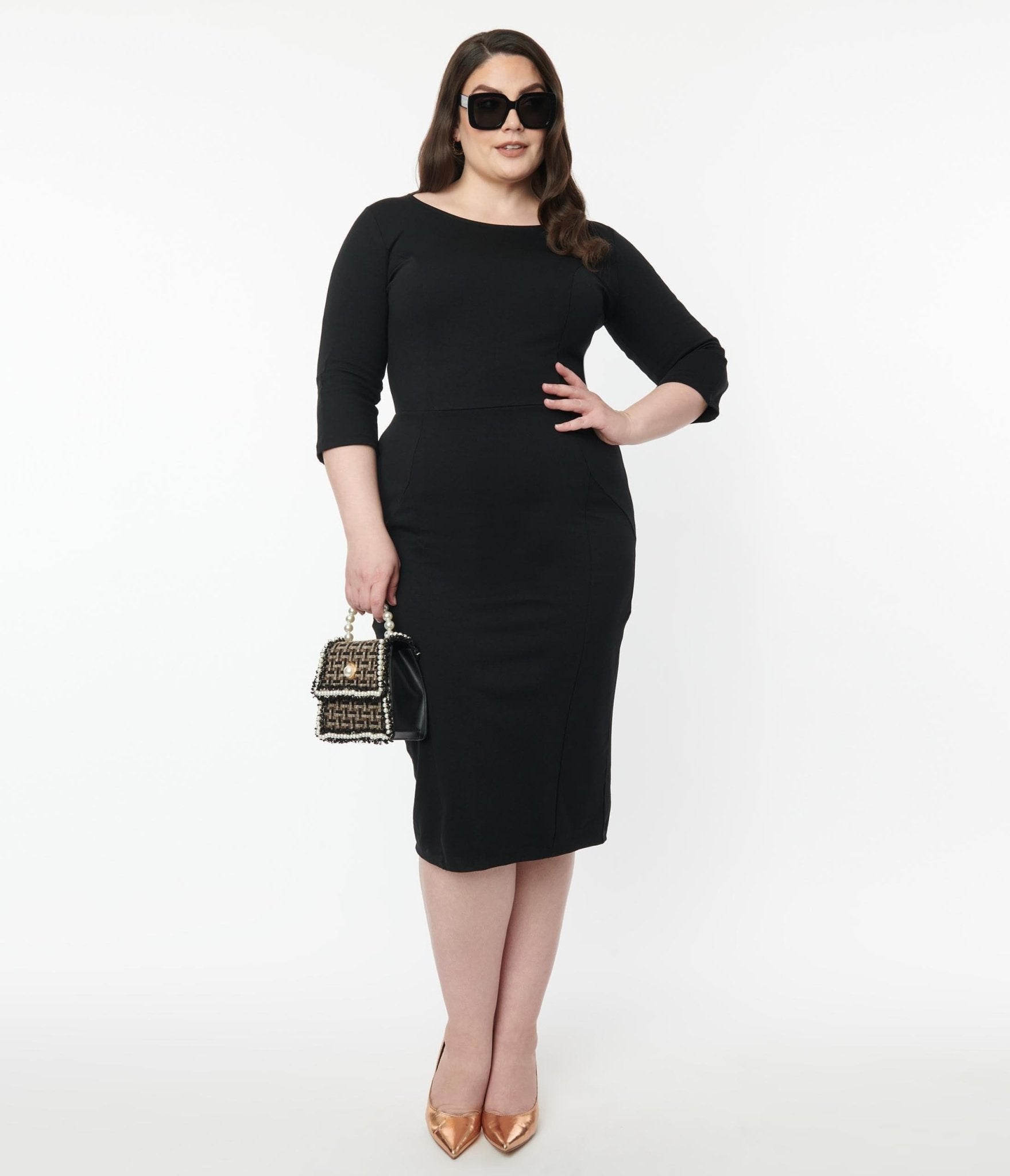 Unique Vintage Plus Size Black Sleeved Mod Wiggle Dress