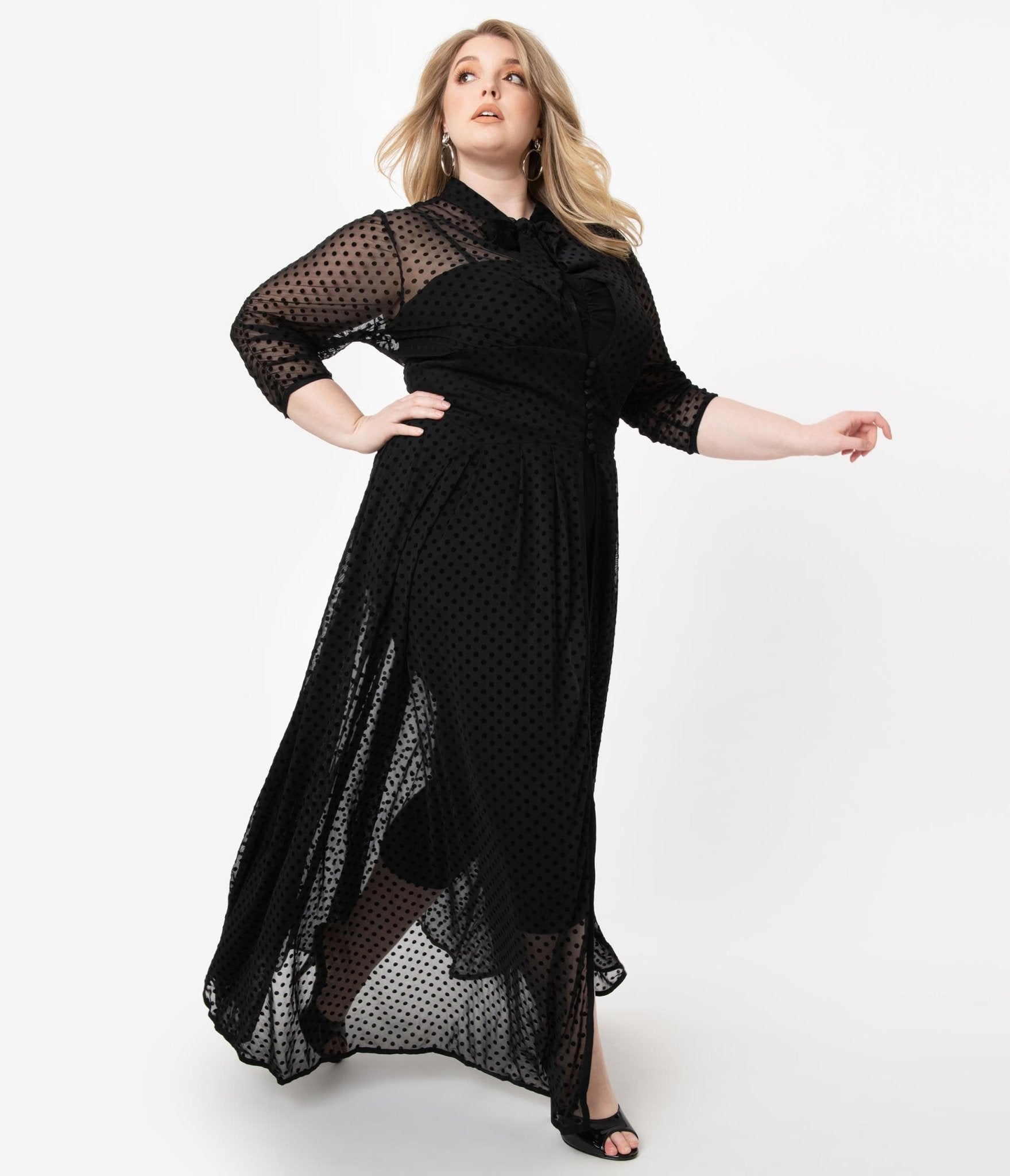 Unique Vintage Plus Size Black Swiss Dot Starlet Duster - Unique Vintage - Womens, DRESSES, MAXI