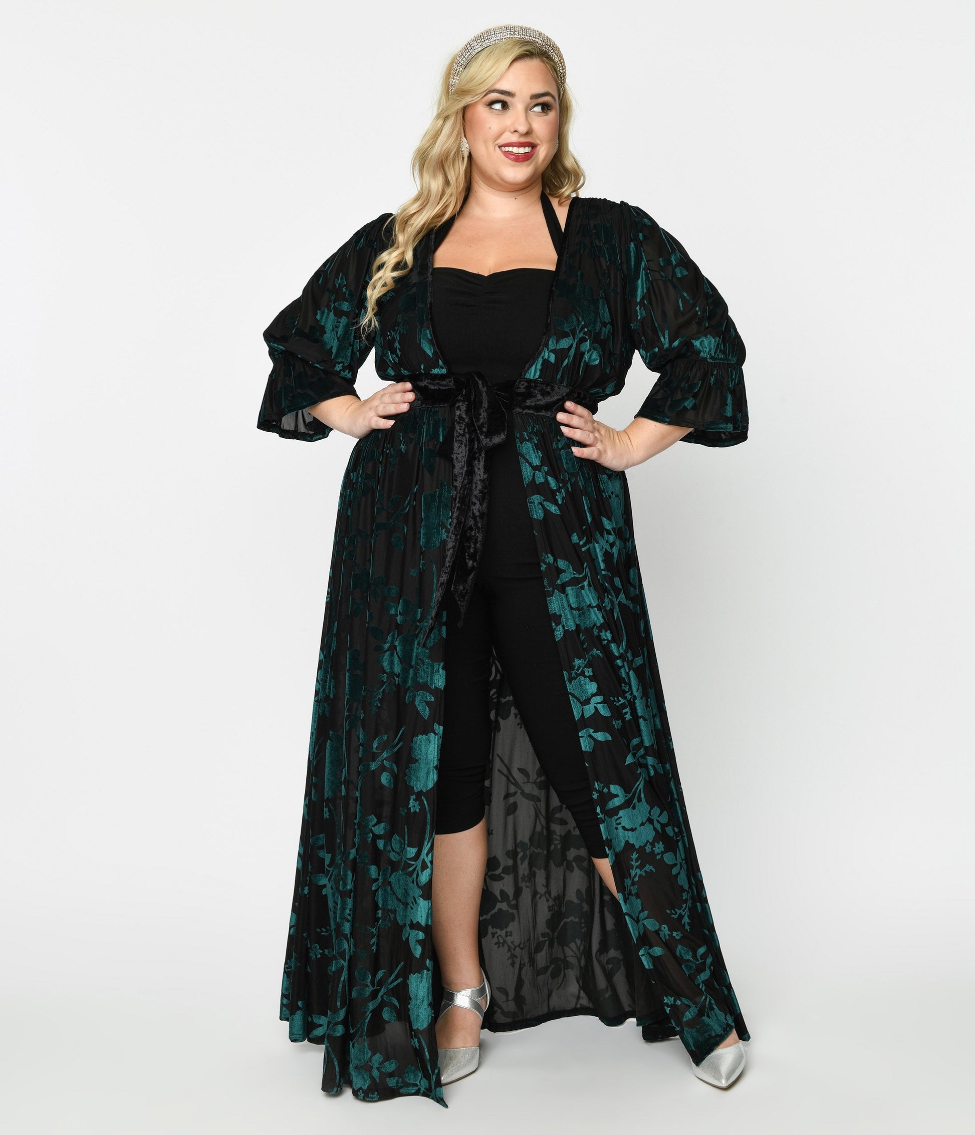 Unique Vintage Plus Size Black & Teal Floral Velvet Burnout Duster - Unique Vintage - Womens, DRESSES, MAXI