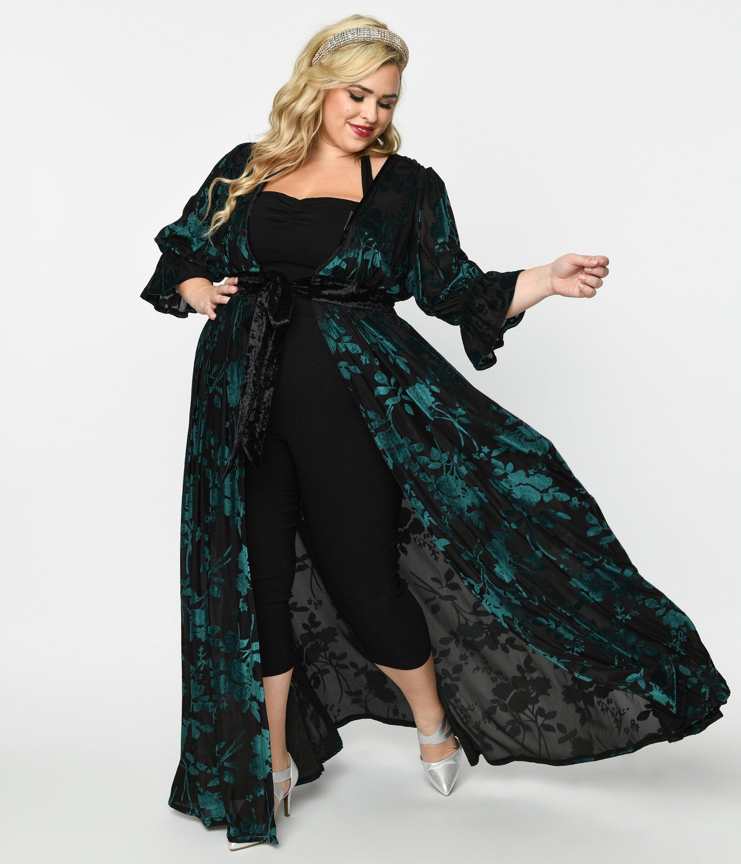 Unique Vintage Plus Size Black & Teal Floral Velvet Burnout Duster - Unique Vintage - Womens, DRESSES, MAXI