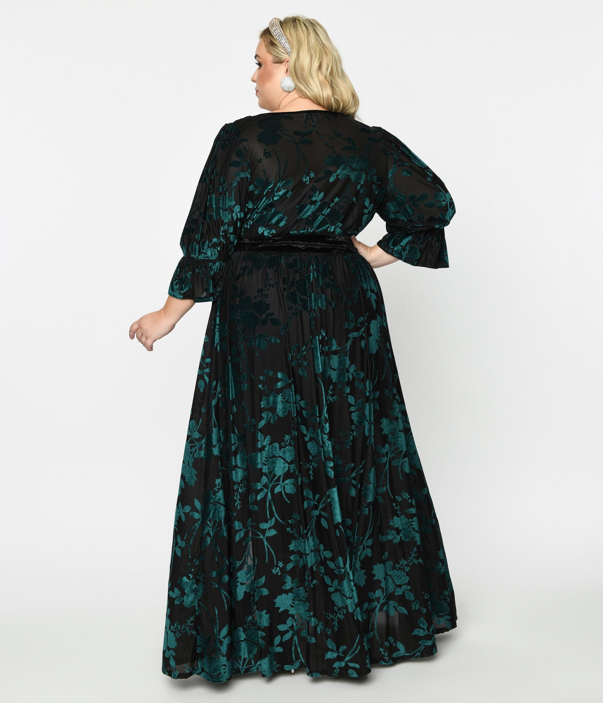 Unique Vintage Plus Size Black & Teal Floral Velvet Burnout Duster - Unique Vintage - Womens, DRESSES, MAXI