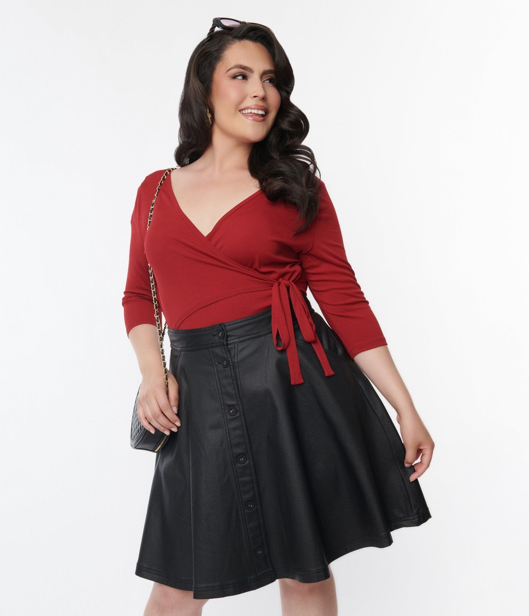 Unique Vintage Plus Size Black Vegan Leather Flare Skirt