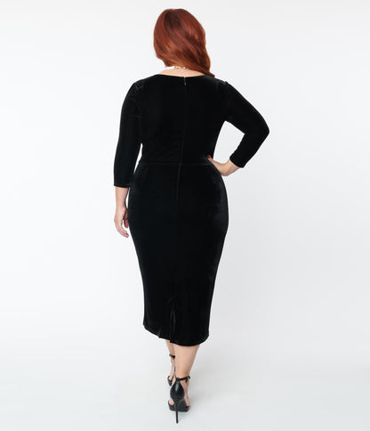 Unique Vintage Plus Size Black Velvet Sleeved Mod Wiggle Dress - Unique Vintage - Womens, DRESSES, WIGGLE