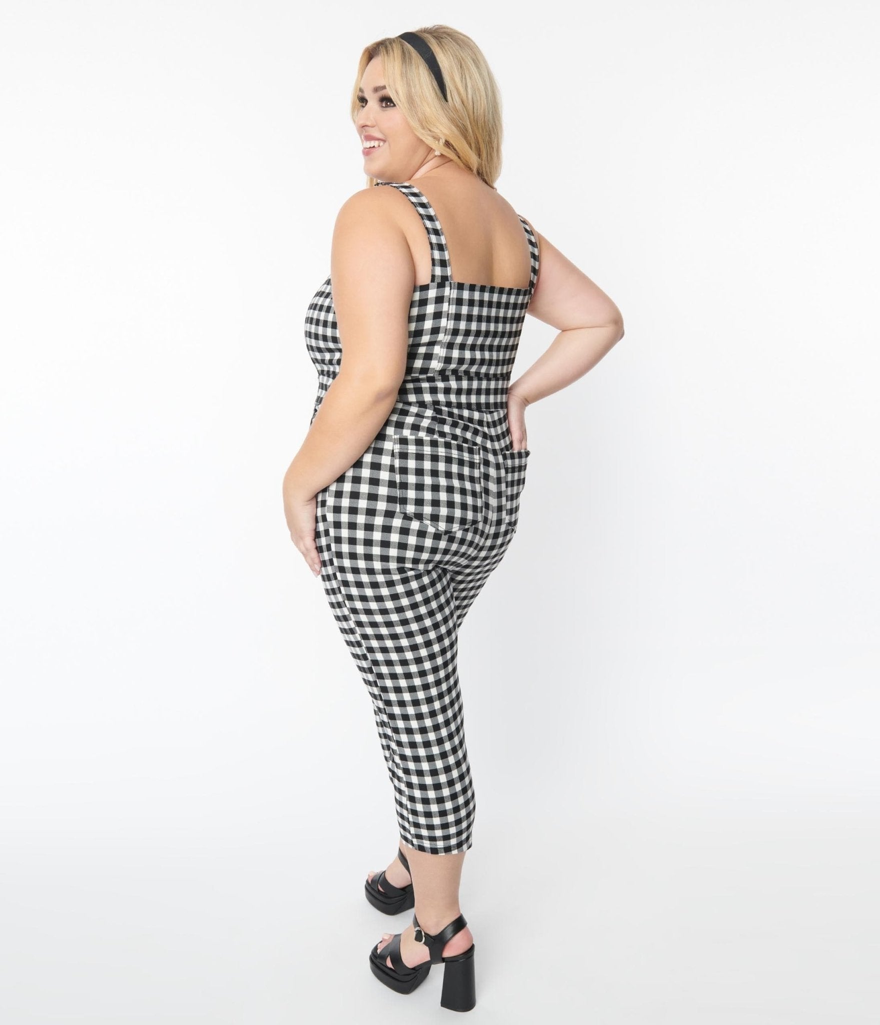 Unique Vintage Plus Size 1970s Black White Gingham Eartha Jumpsuit