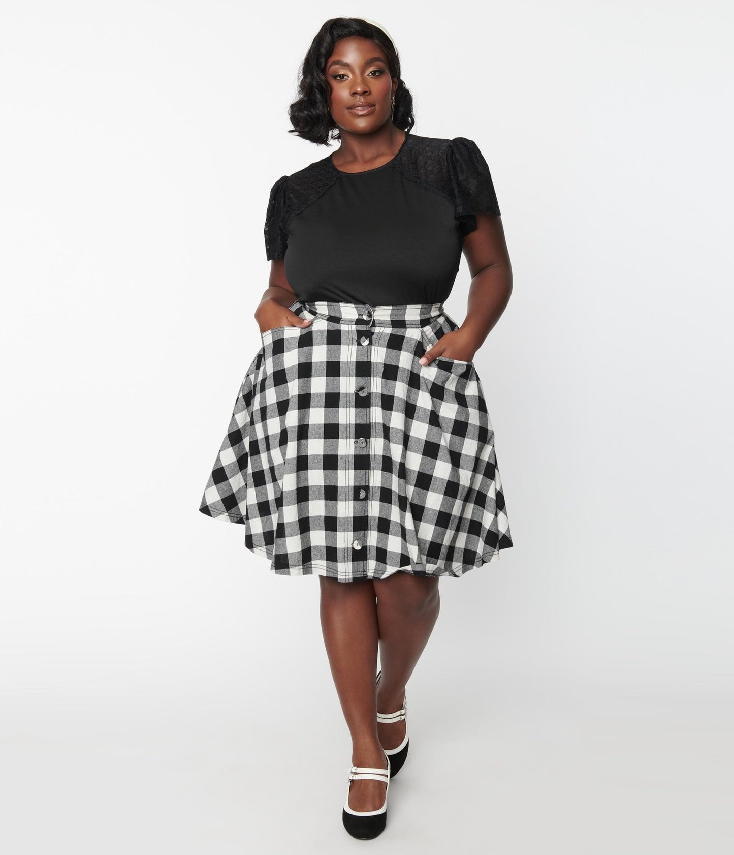 Unique Vintage Plus Size Black & White Gingham Swing Skirt - Unique Vintage - Womens, BOTTOMS, SKIRTS