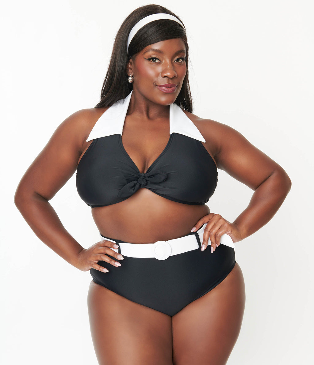 Unique Vintage Plus Size Black & White Halter Swim Top - Unique Vintage - Womens, SWIM, TOP