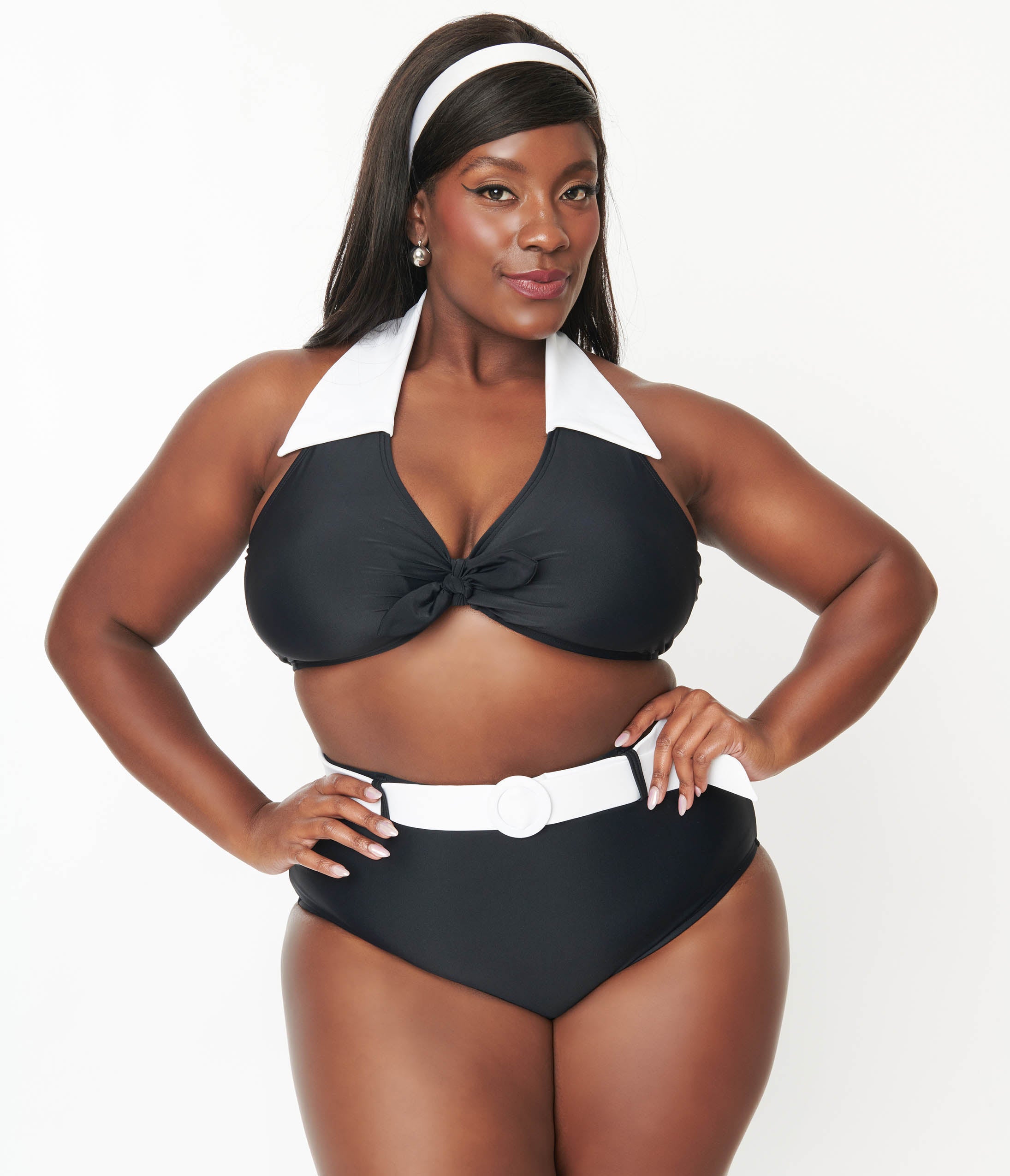 Unique Vintage Plus Size Black & White Halter Swim Top - Unique Vintage - Womens, SWIM, TOP