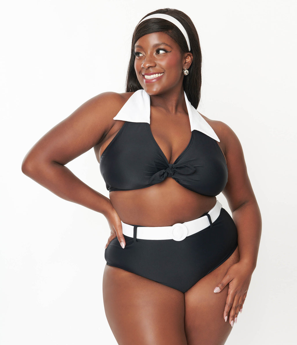 Unique Vintage Plus Size Black & White Halter Swim Top - Unique Vintage - Womens, SWIM, TOP