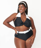 Unique Vintage Plus Size Black & White Halter Swim Top - Unique Vintage - Womens, SWIM, TOP