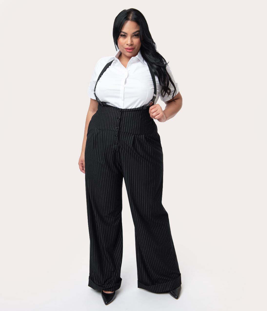 plus size dress pants black Unique Vintage Plus Size 1930s Black & White Pin Stripe Thelma Suspender Pants 5X/26