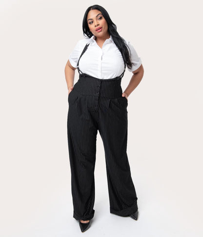 Unique Vintage Plus Size Black & White Pin Stripe Thelma Suspender Pants - Unique Vintage - Womens, BOTTOMS, PANTS