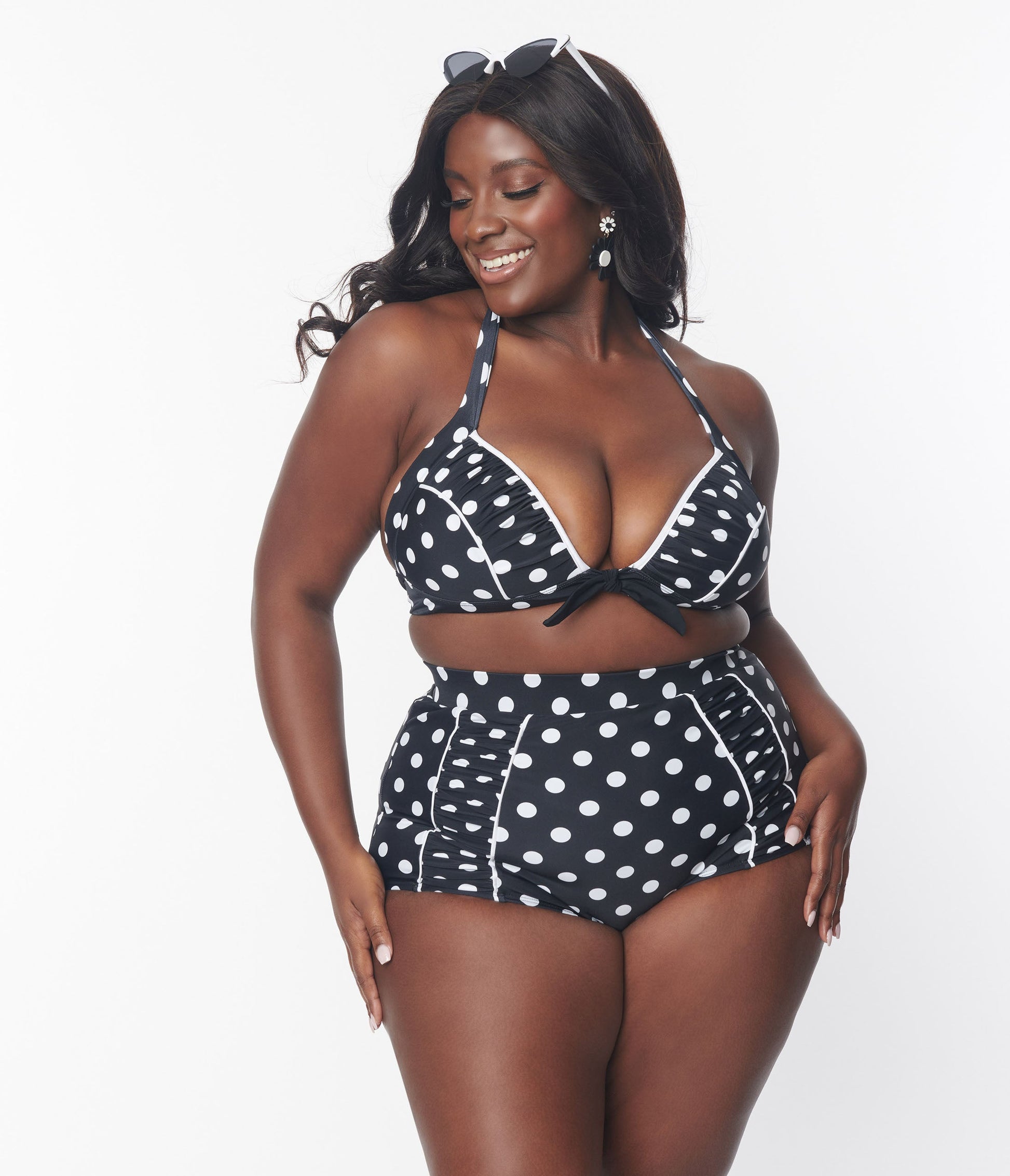 Unique Vintage Plus Size Black & White Polka Dot Halter Swim Top - Unique Vintage - Womens, SWIM, TOP