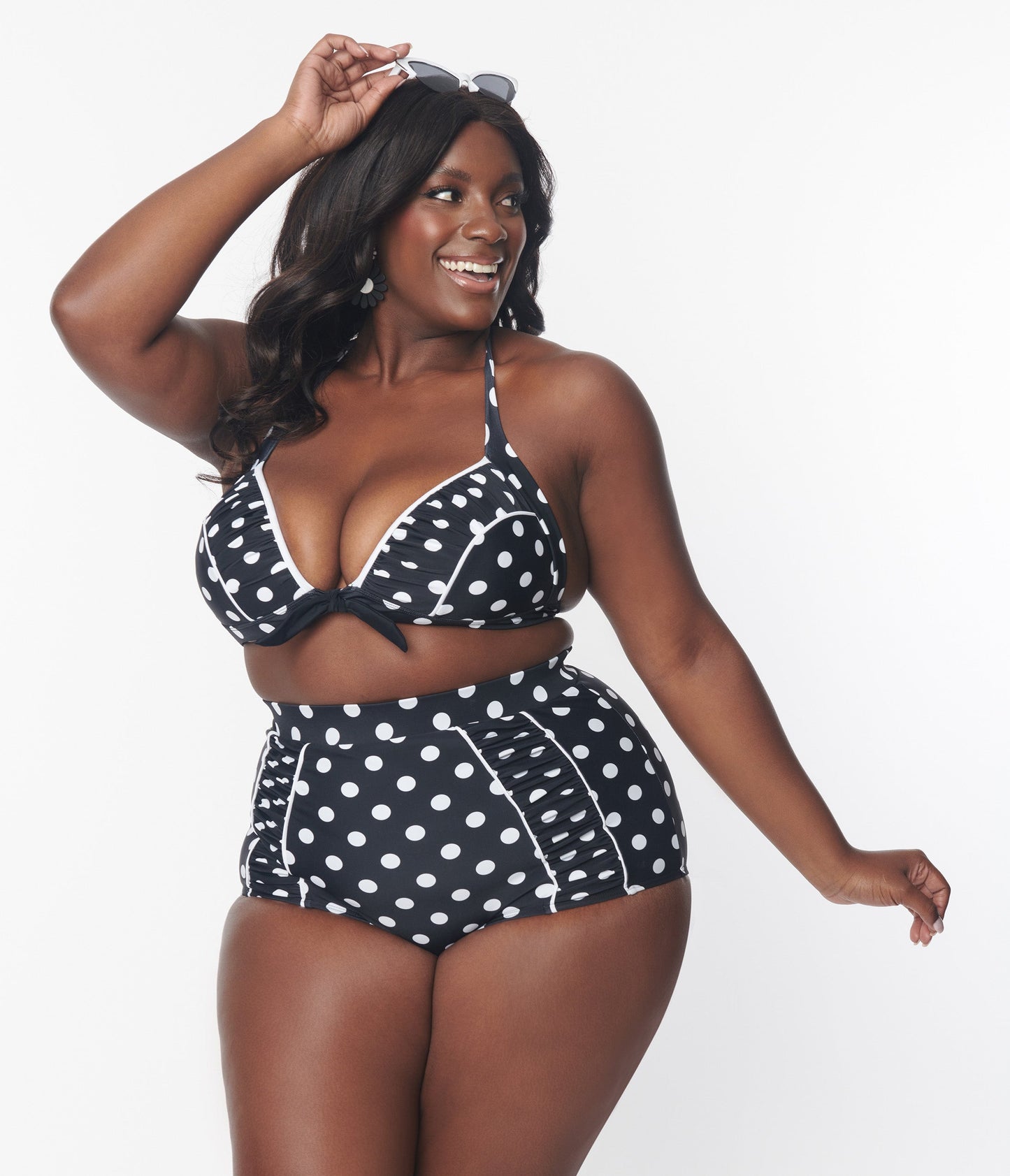 Unique Vintage Plus Size Black & White Polka Dot Halter Swim Top - Unique Vintage - Womens, SWIM, TOP