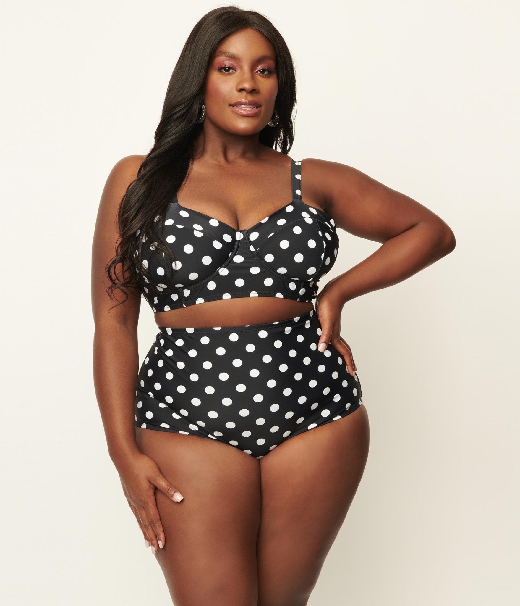 White bikini with top black polka dots