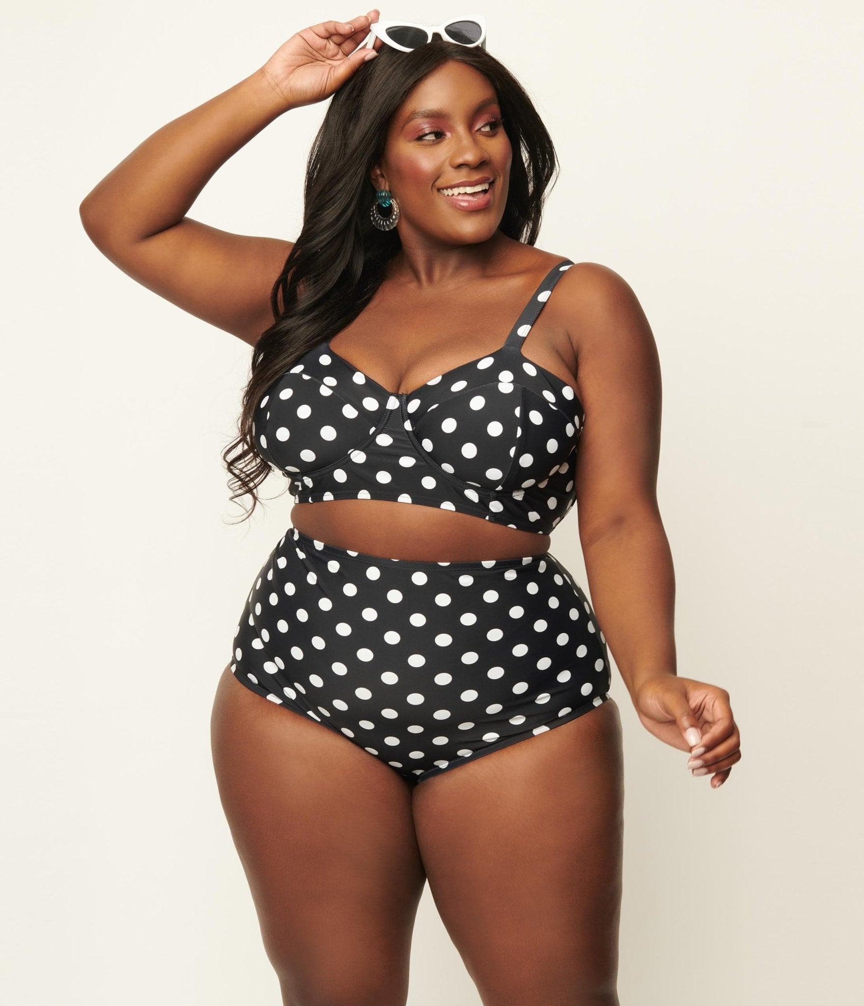 Unique Vintage Plus Size Black & White Polka Dot High Waist Louise Swi