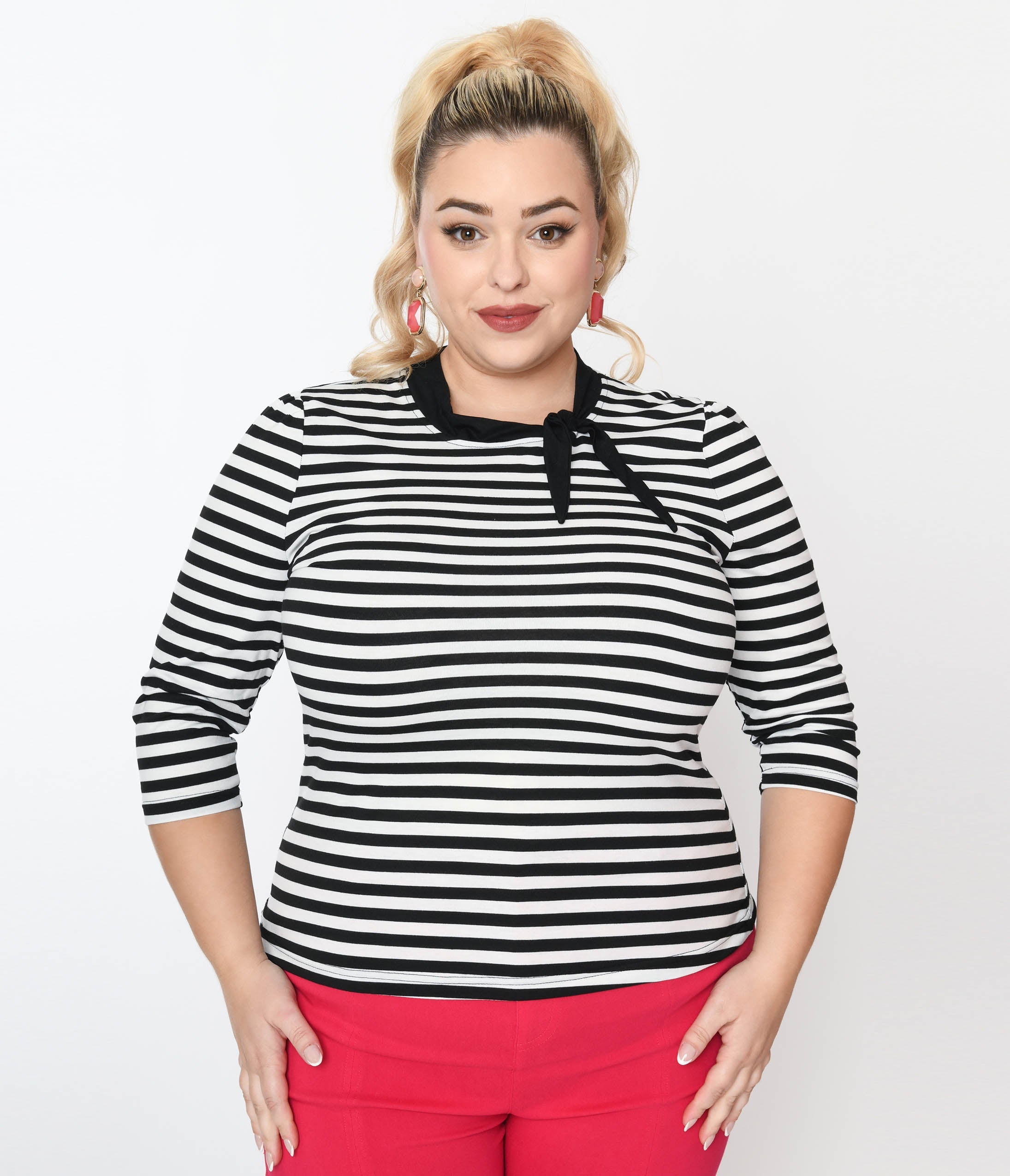Unique Vintage Plus Size Black White Stripe Three Quarter Sleeve Swe