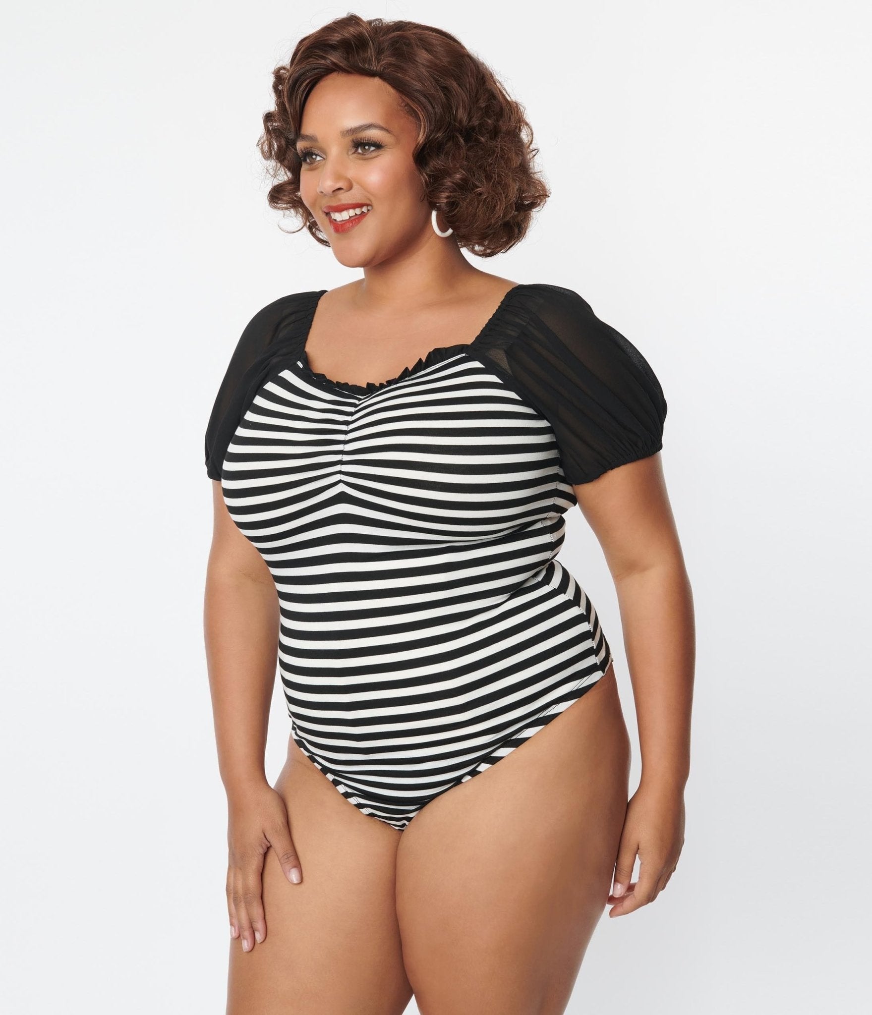 Retro & Vintage Unique Vintage Plus Size Black & White Striped Short Sleeve  Bodysuit