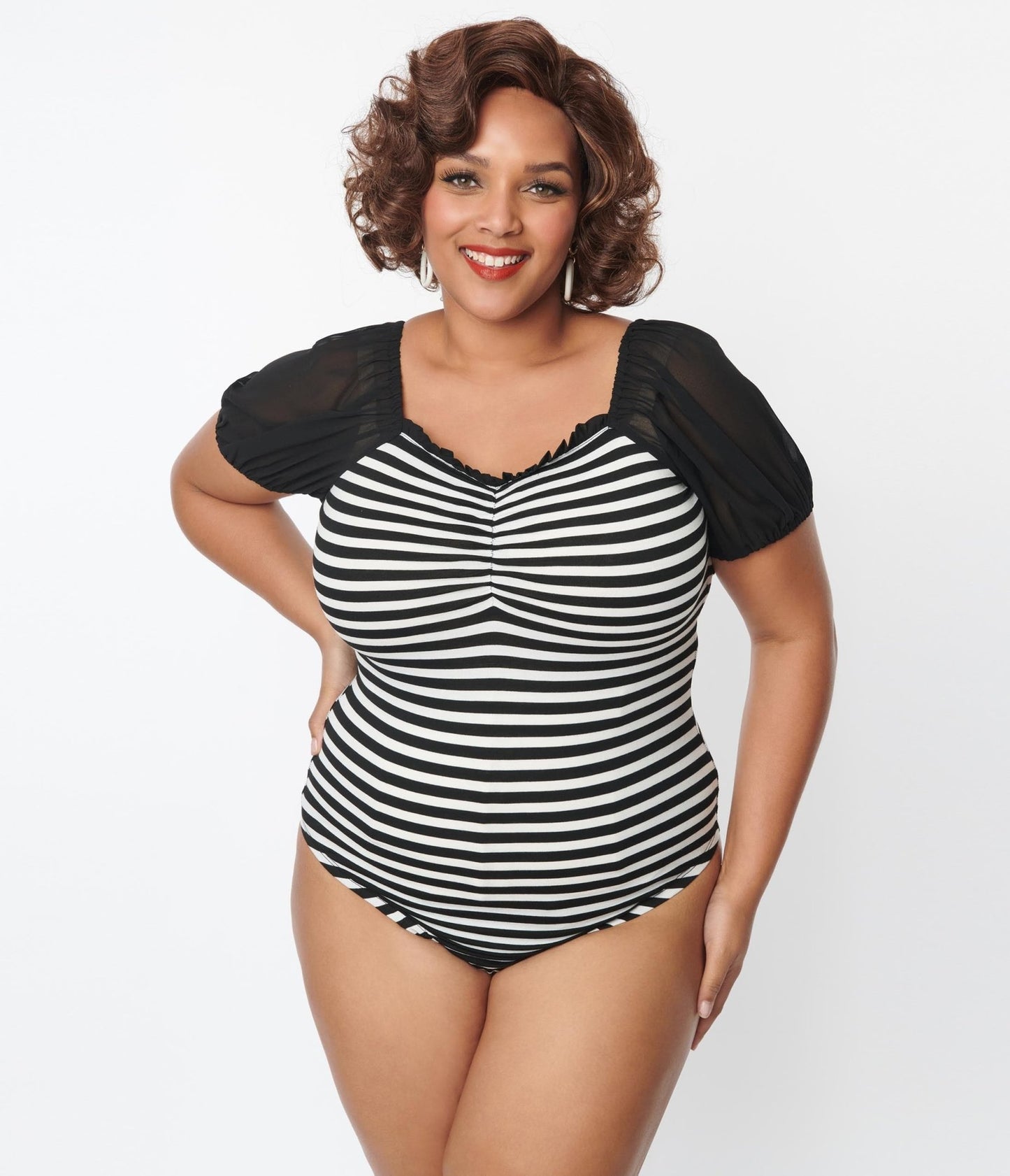 Unique Vintage Plus Size Black & White Striped Short Sleeve Bodysuit - Unique Vintage - Womens, TOPS, BODYSUITS