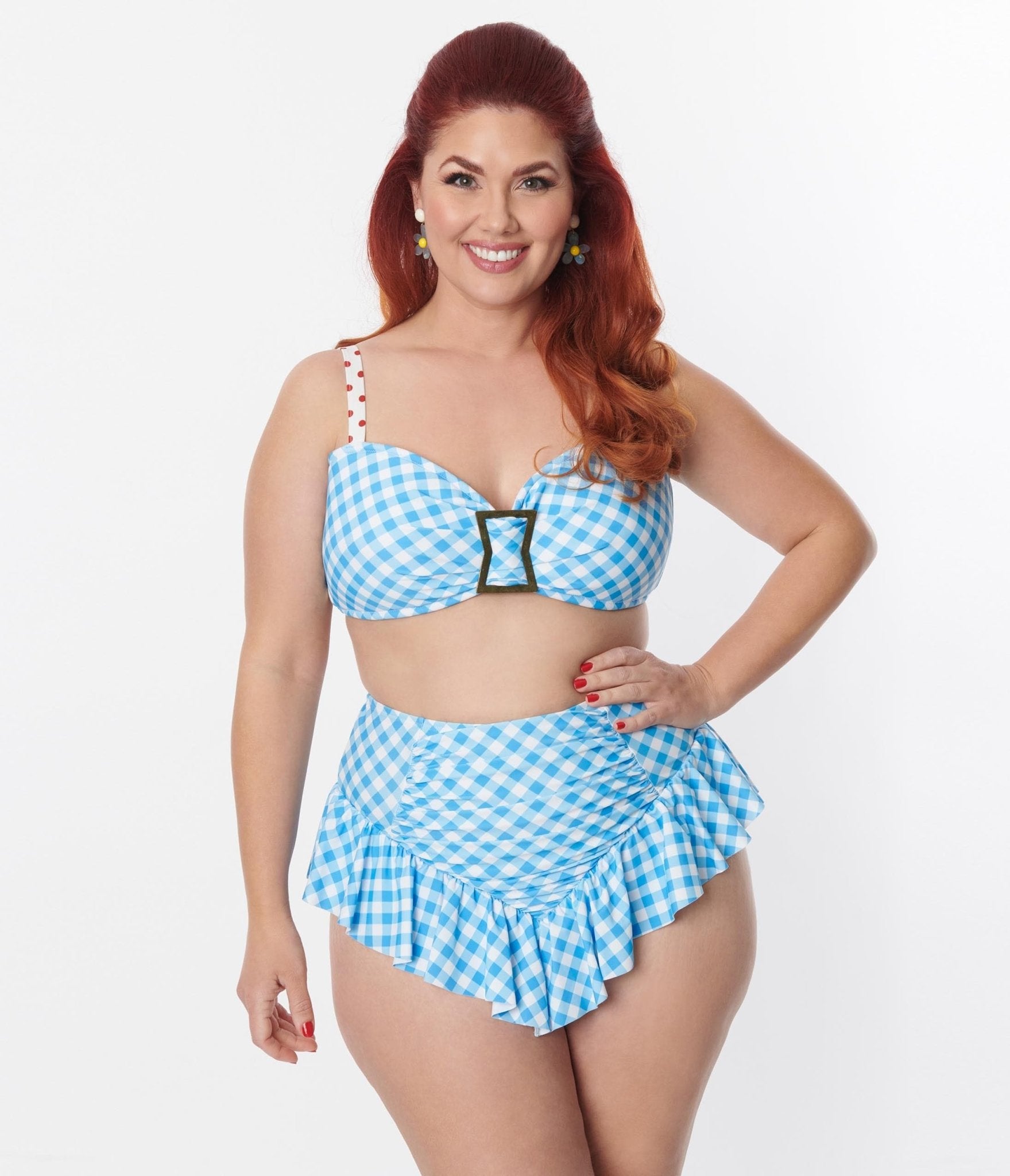 Unique Vintage Plus Size Blue Gingham Buckle Swim Top