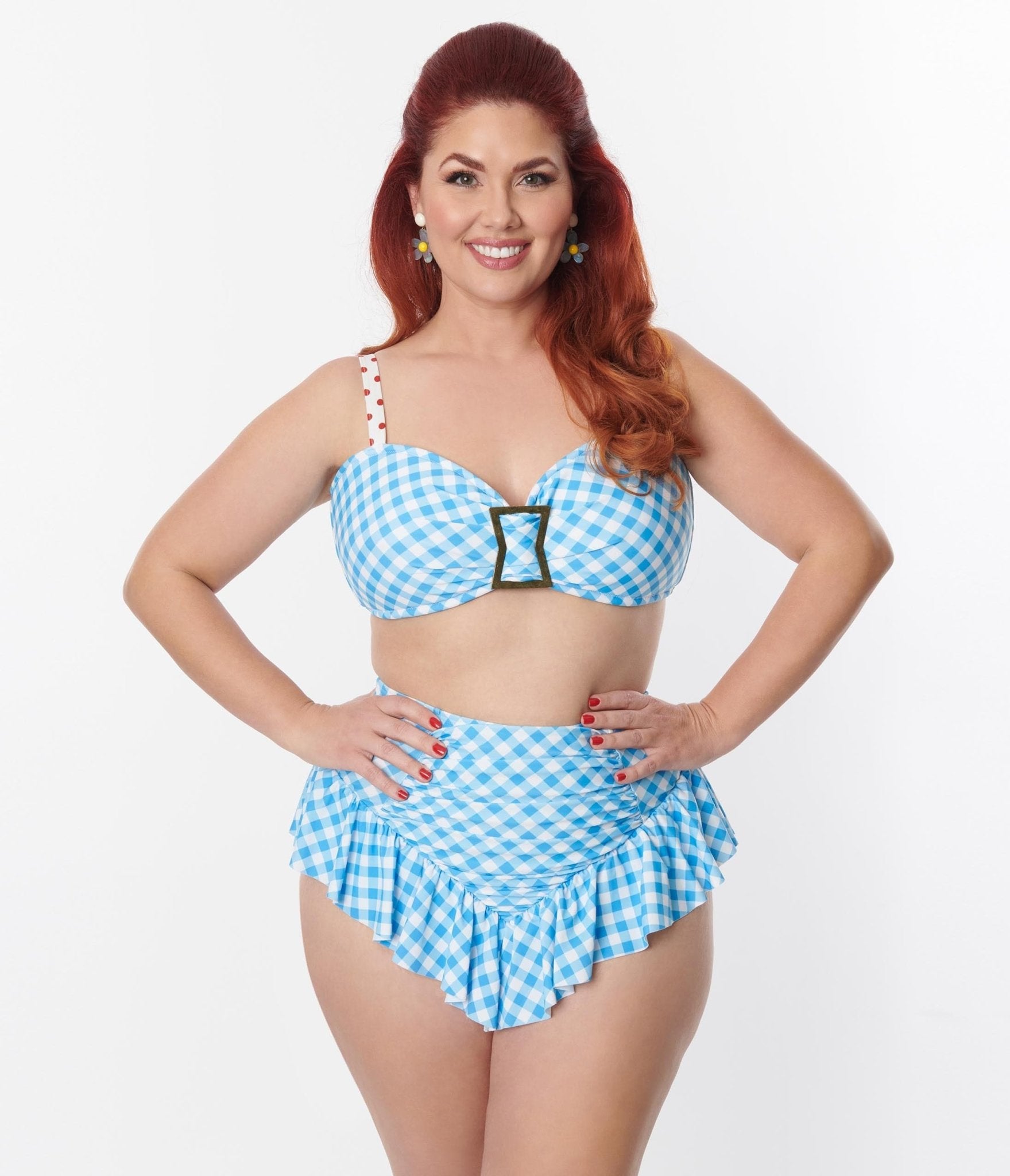 Unique Vintage Plus Size Blue Gingham Buckle Swim Top