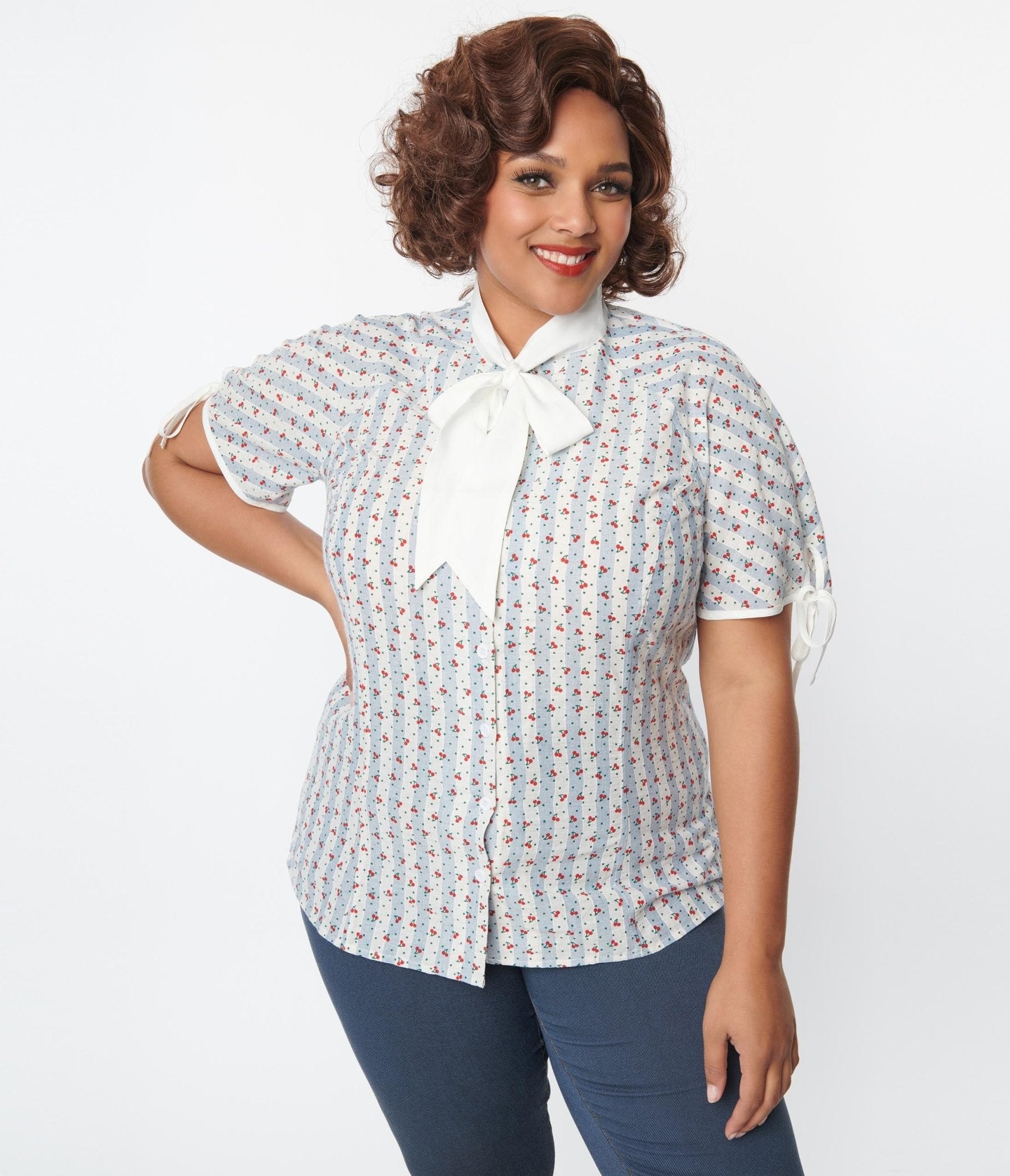 Unique Vintage Plus Size Blue & White Cherry Stripe Bow Tie Chita Blouse - Unique Vintage - Womens, TOPS, WOVEN TOPS