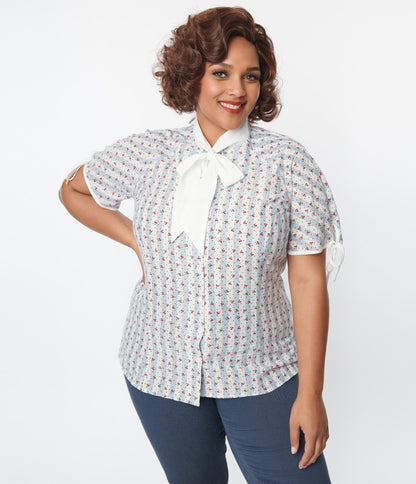 Unique Vintage Plus Size Blue & White Cherry Stripe Bow Tie Chita Blouse - Unique Vintage - Womens, TOPS, WOVEN TOPS