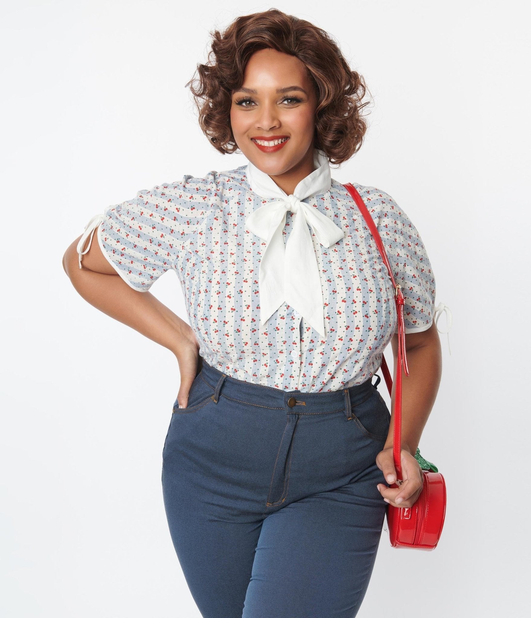 Unique Vintage Plus Size Blue & White Cherry Stripe Bow Tie Chita Blouse - Unique Vintage - Womens, TOPS, WOVEN TOPS