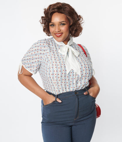 Unique Vintage Plus Size Blue & White Cherry Stripe Bow Tie Chita Blouse - Unique Vintage - Womens, TOPS, WOVEN TOPS