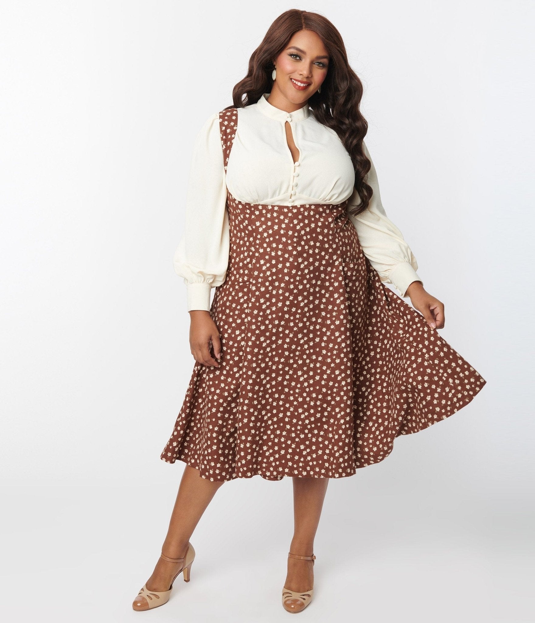 Unique Vintage Plus Size Brown & Cream Floral Amma Suspender Swing Skirt - Unique Vintage - Womens, BOTTOMS, SKIRTS