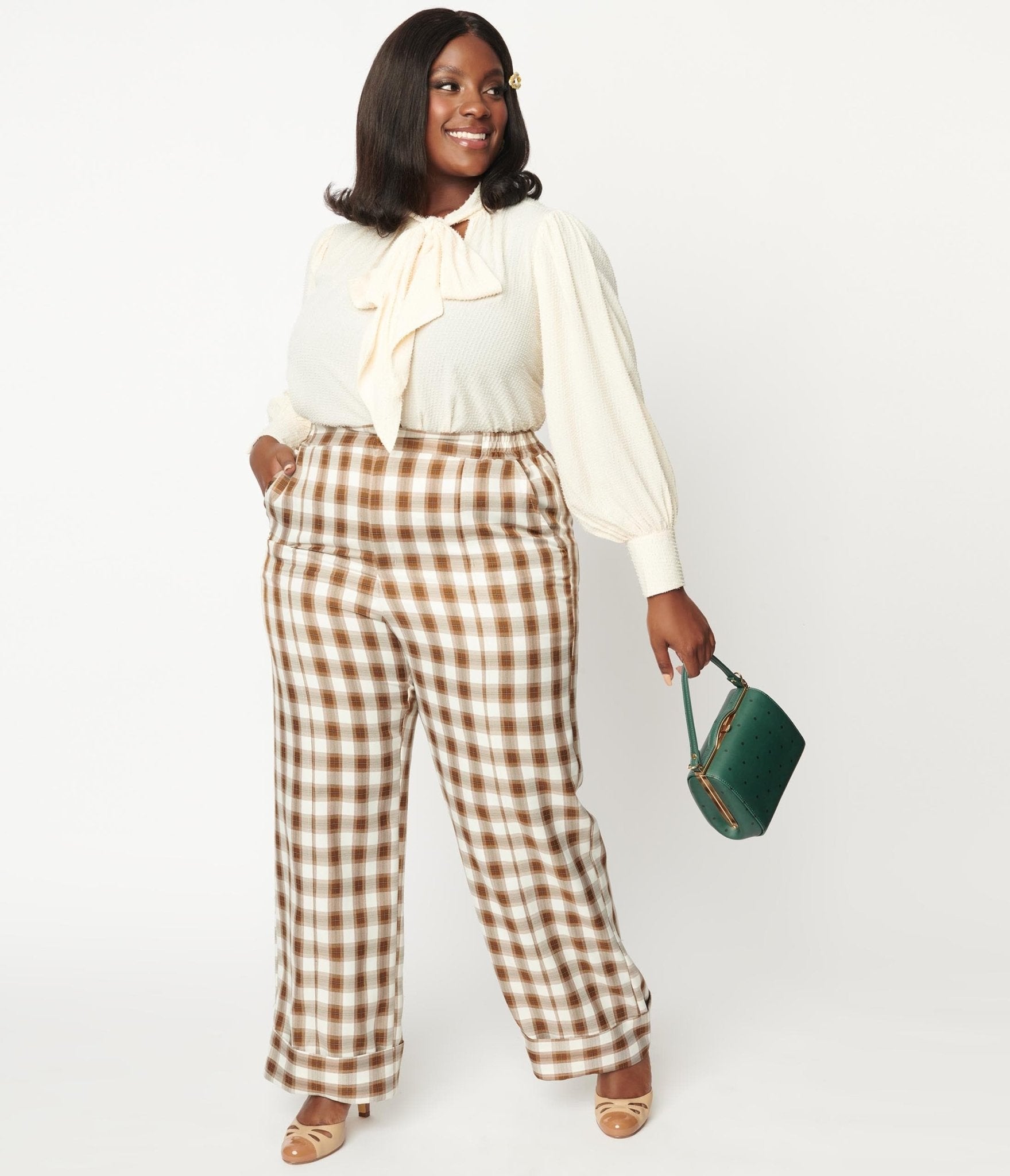 Unique Vintage Plus Size 1940s Brown Ivory Plaid Wide Cuff Pants