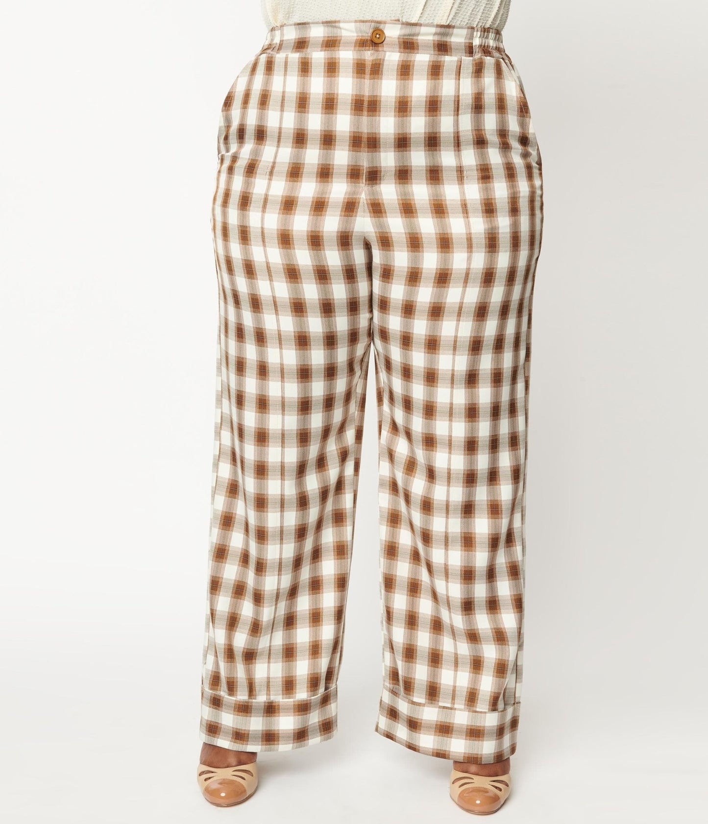 Unique Vintage Plus Size Brown & Ivory Plaid Wide Cuff Pants - Unique Vintage - Womens, BOTTOMS, PANTS