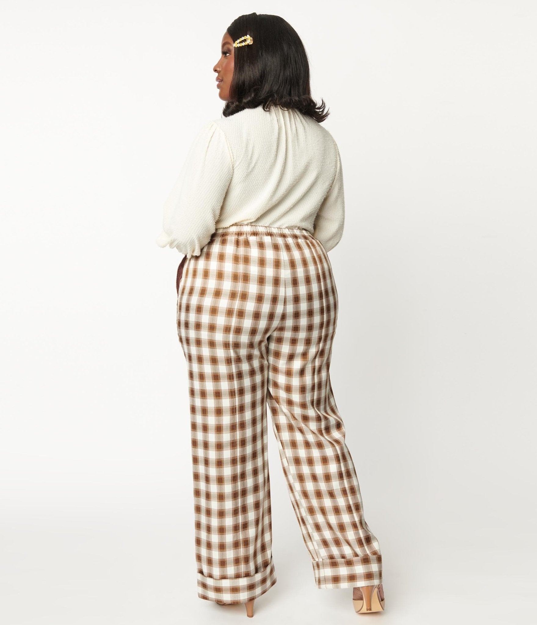 Unique Vintage Plus Size 1940s Brown Ivory Plaid Wide Cuff Pants