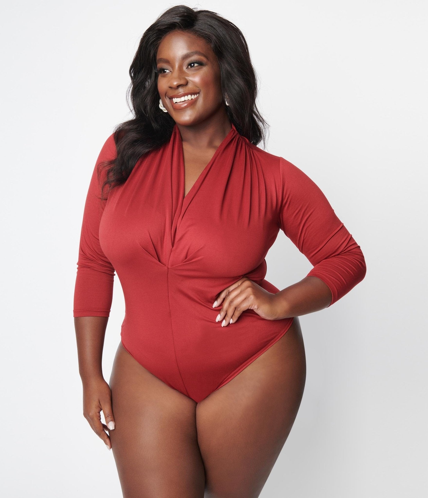 Unique Vintage Plus Size Burgundy Gathered Neckline Friday Night Bodys