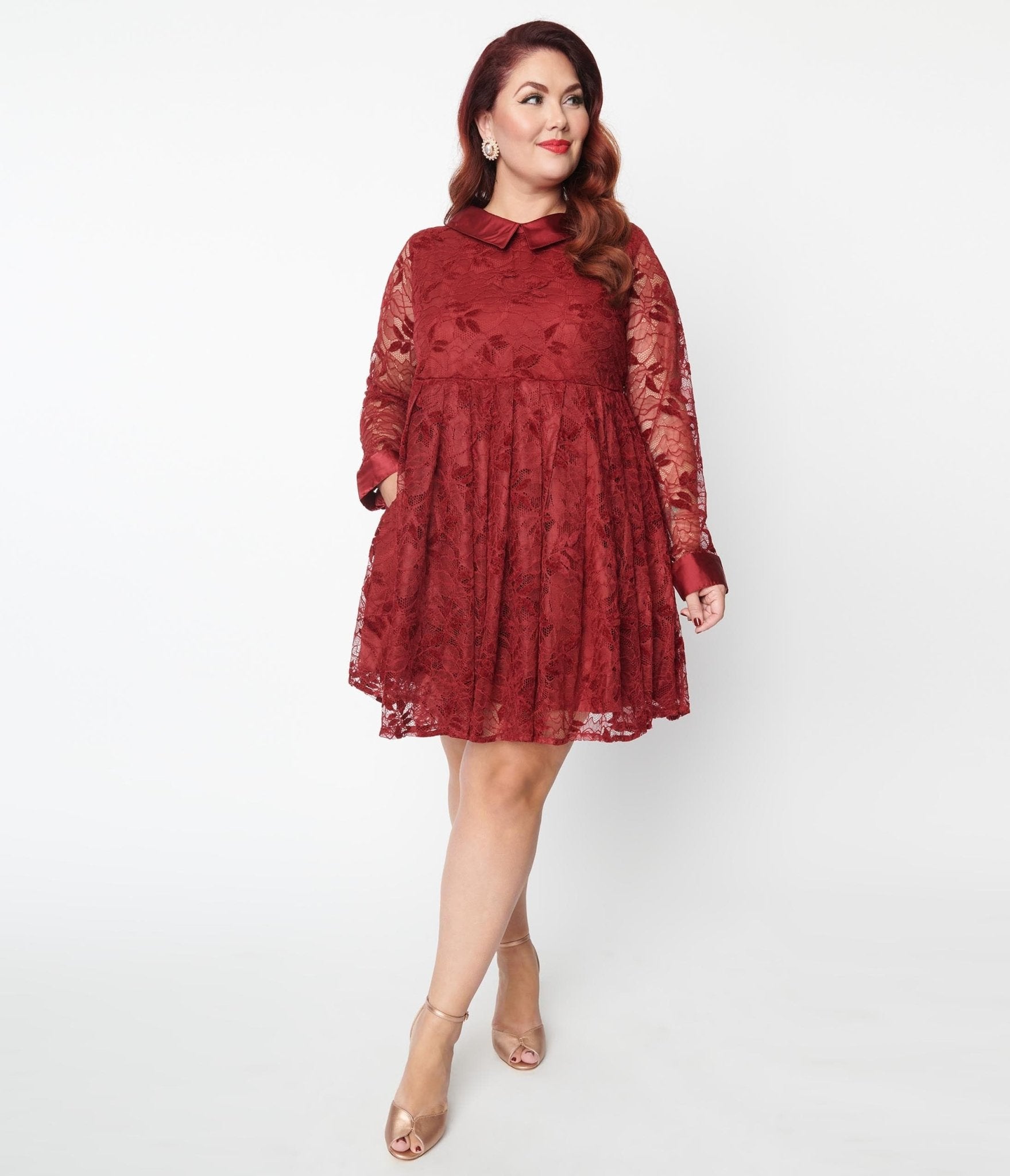 Unique Vintage Plus Size Burgundy Lace Peggy Babydoll Dress