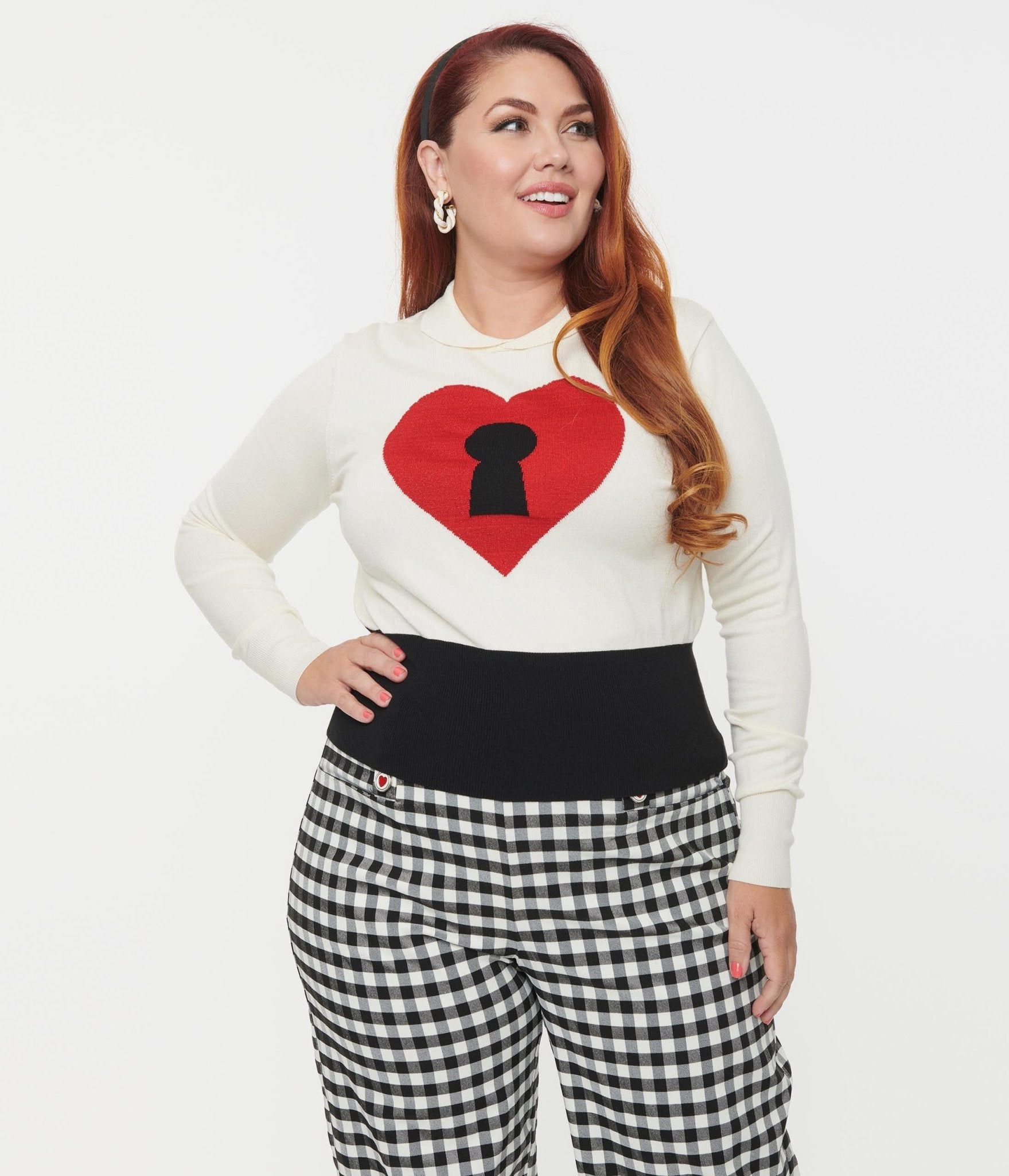Unique Vintage Plus Size Cream & Red Locked Heart Sweater - Unique Vintage - Womens, TOPS, SWEATERS
