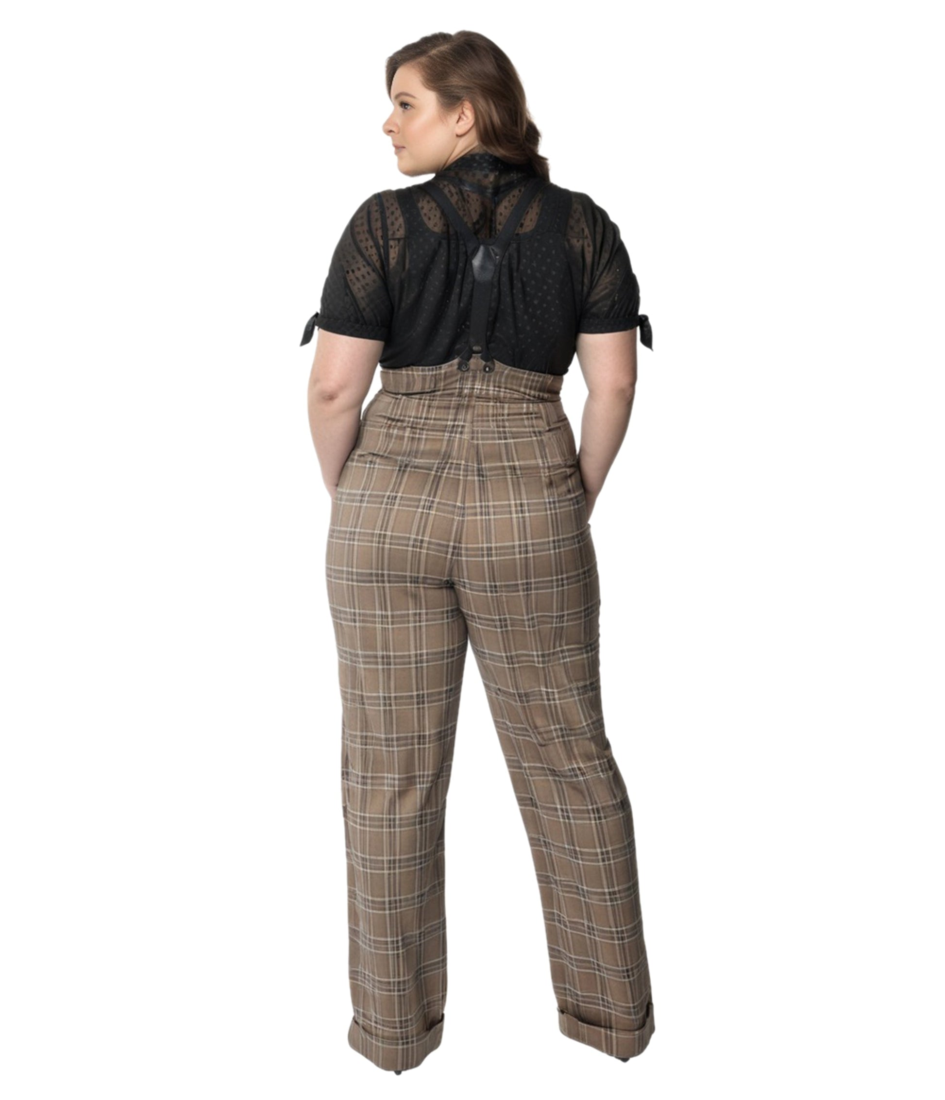 Unique Vintage Plus Size Dark Beige Windowpane Thelma Suspender Pants - Unique Vintage - Womens, BOTTOMS, PANTS